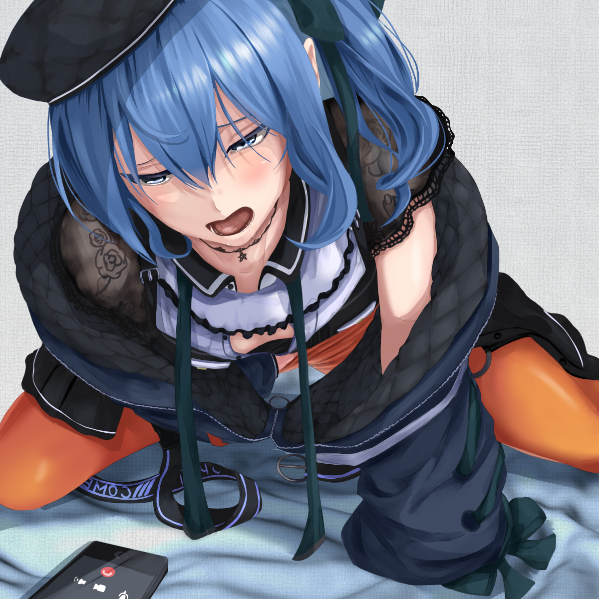 1girls, blue hair, female, female masturbation, gamii, hololive, hololive gen 0, hololive japan, hoshimachi suisei, masturbation, solo, spread legs, virtual youtuber