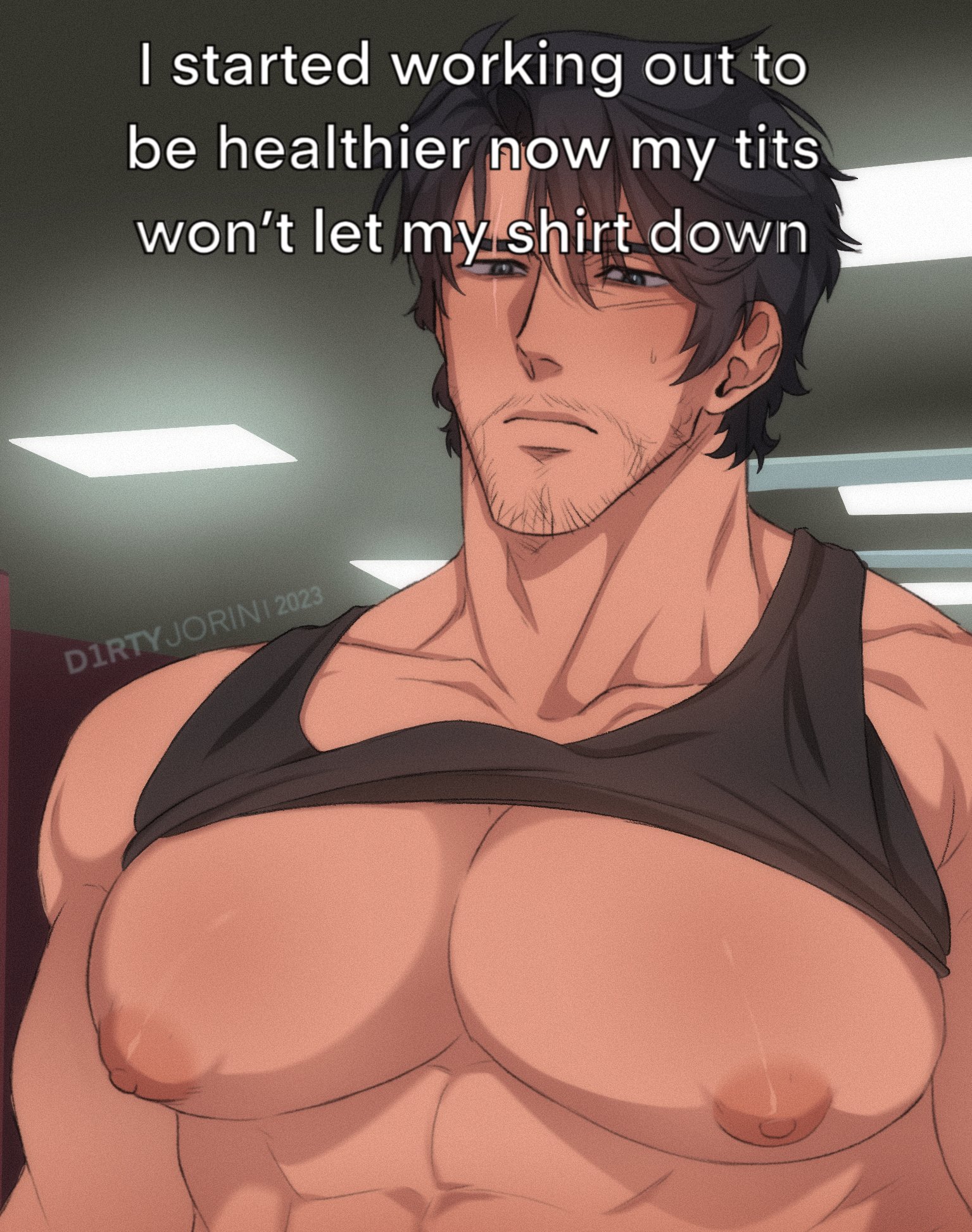 big pecs, blush, d1rtyj0rin, male, male only, meme, nipples, no visible genitalia, pecs, puffy nipples, shirt lift, shirt over shoulder, stubble, sweat