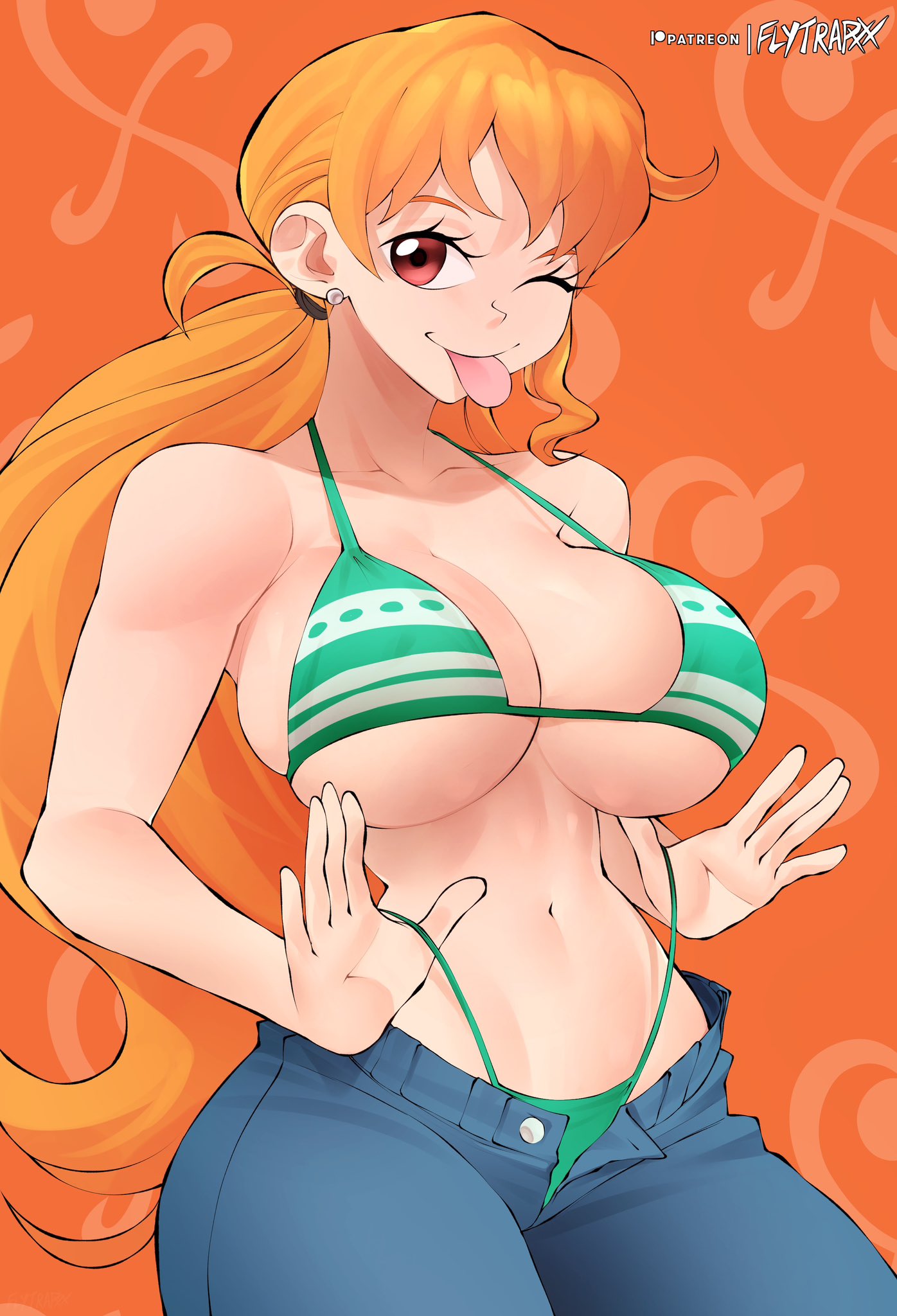 1girls big_breasts bikini bikini_lift busty child_bearing_hips cleavage curvy female female_only flytrapxx hi_res jeans large_breasts legs light-skinned_female light_skin long_hair low_ponytail midriff nami navel one_eye_closed one_piece orange_eyes orange_hair pants post-timeskip smile solo striped_bikini teasing thick_thighs thighs thong_bikini tongue tongue_out unbuttoned unzipped wide_hips wink