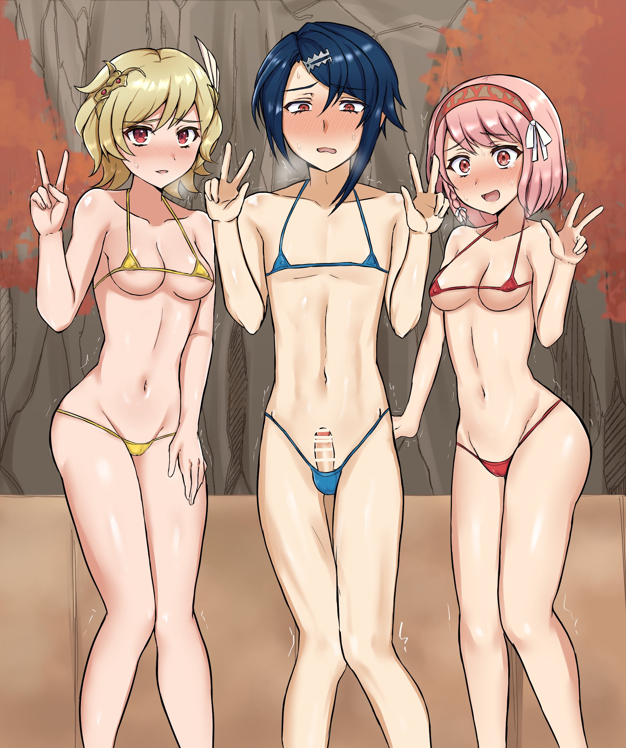 alcryst (fire emblem), bikini, both sexes in same situation, citrinne (fire emblem), embarrassed, erection, femboy, feminine male, fire emblem, fire emblem engage, girly, lapis (fire emblem), male, micro bikini, nintendo, onsenmainiti, otoko no ko, otokonoko, v