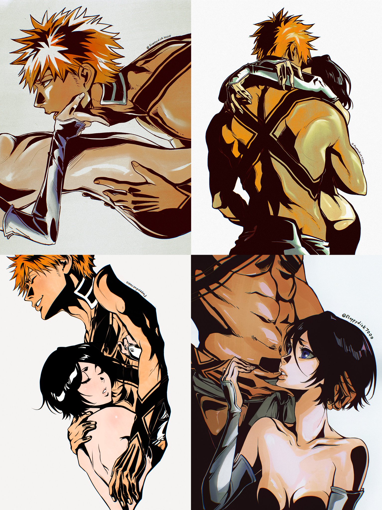 1boy, 1girls, abs, arms around neck, back, bare shoulders, black hair, bleach, bob cut, body markings, breasts, collarbone, commentary, cropped torso, elbow gloves, english commentary, faceless, faceless female, faceless male, female, fingernails, floppydisk7000, from side, gloves, hand on another's ass, hand on another's face, hand on another's hand, hand on another's head, highres, hug, ichigo kurosaki, implied kiss, kuchiki rukia, looking up, lying, lying on person, male, muscular, muscular male, navel, nude, on back, orange hair, parted lips, pectorals, purple eyes, shadow, short hair, simple background, small breasts, spiked hair, straight, topless male, twitter username, underboob, upper body, white background, white gloves