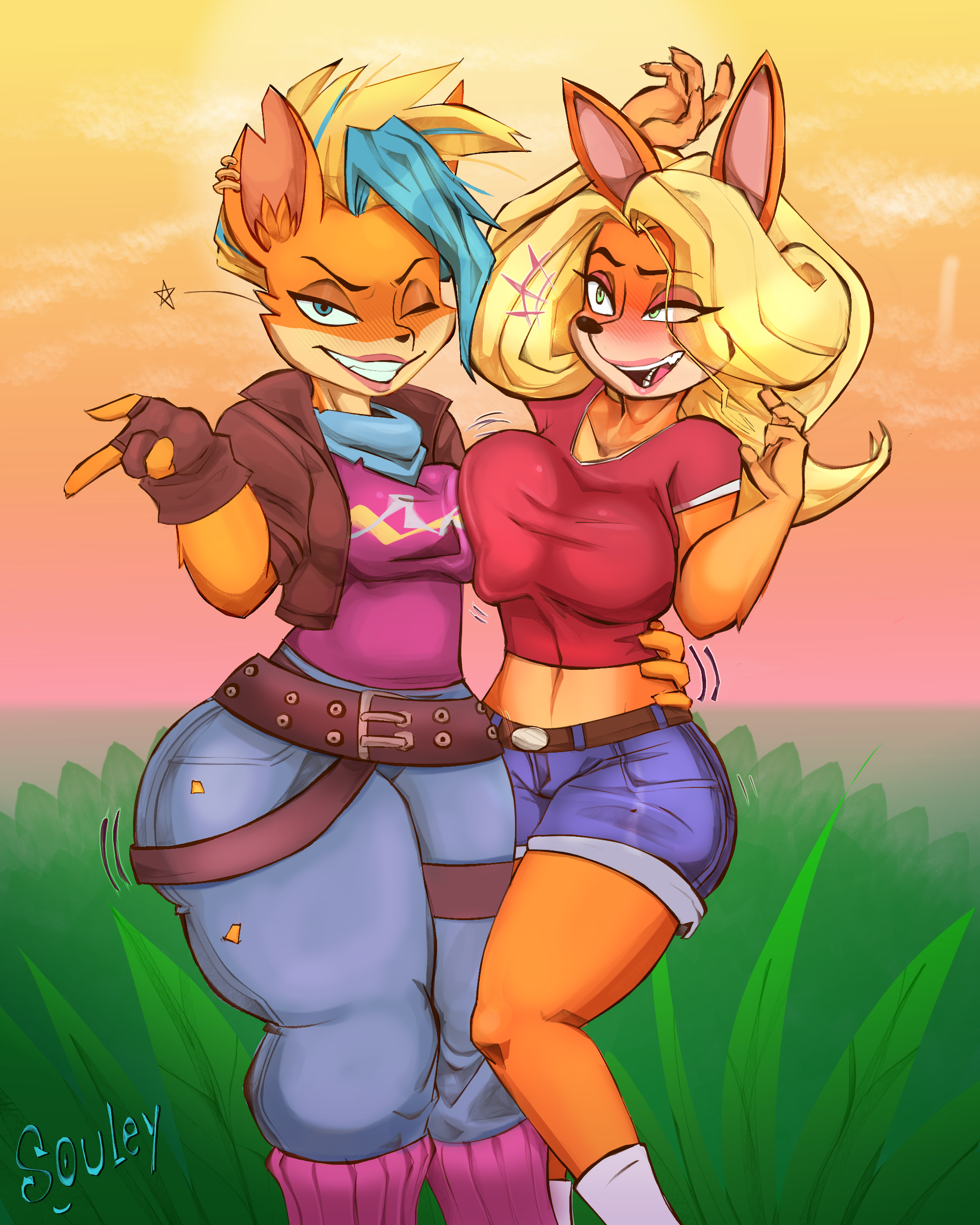anthro, armpits, bandicoot, blush, breast press, breast squeeze, breast squish, breasts, clothed, clothing, crash (series), female, grabbing, highlights, orange fur, pirate tawna, souley69, tawna bandicoot, tawna bandicoot (crash 4), yellow hair