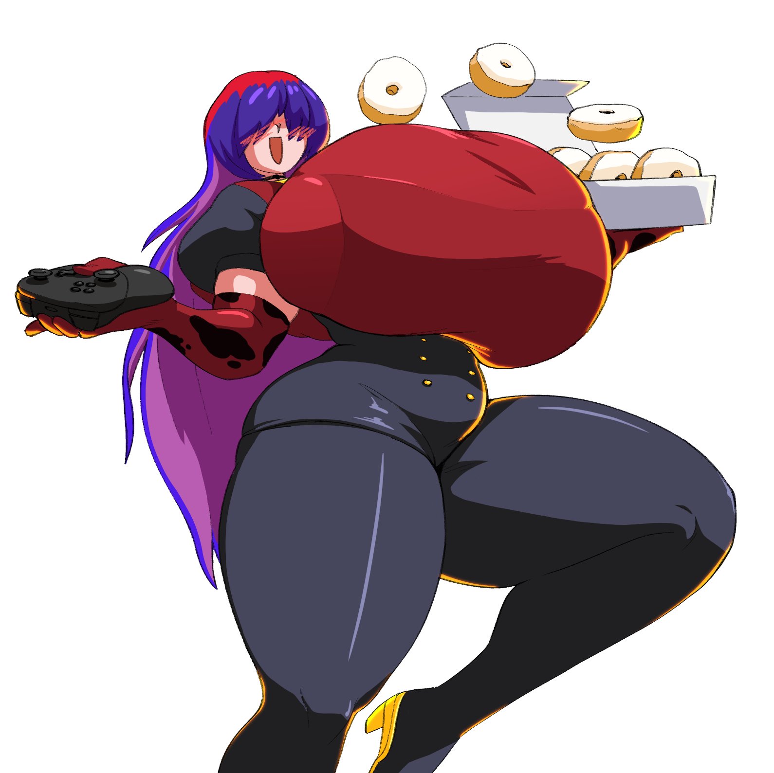 ass, big ass, bra visible through clothes, breasts, breasts bigger than head, clothed, donuts, female, female only, gaming controller, gigantic breasts, glaze (vtuber), red shirt, virtual youtuber