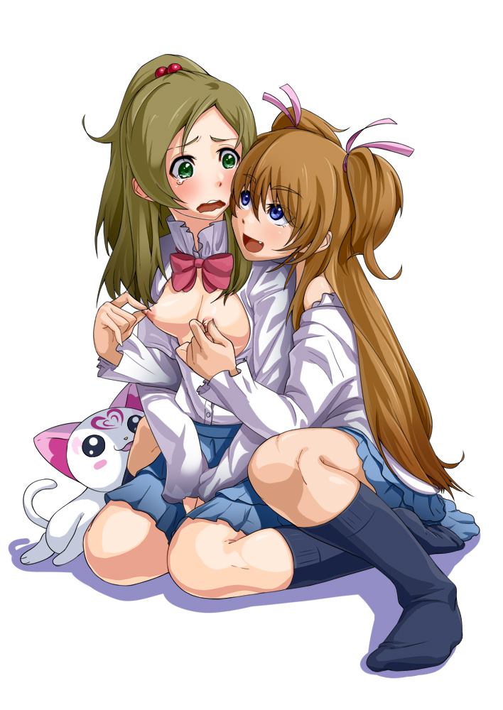 blue_eyes blush breast_grab breasts brown_hair clothing cute_fang female green_eyes hair_bobbles hair_ornament hair_ribbon hands_on_lap houjou_hibiki hummy_(suite_precure) long_hair minamino_kanade multiple_girls nipple_tweak nipples open_clothes open_mouth open_shirt ponytail precure pretty_cure ribbon school_uniform shirt simple_background sitting skirt small_breasts smile suite_precure tear tied_hair twintails two_side_up wariza wavy_mouth yuri yuuki_maya