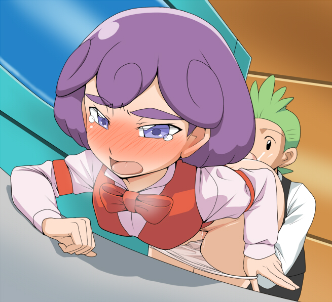 1boy1girl 1girls alternate_version_available blush burgundy_(pokemon) cabernet_(pokemon) cilan_(pokemon) dent_(pokemon) female green_hair hair jouwan panties panties_down panty_pull pokemon pokemon_(anime) pokemon_bw purple_eyebrows purple_eyes purple_hair pussy_juice short_hair short_purple_hair tear underwear