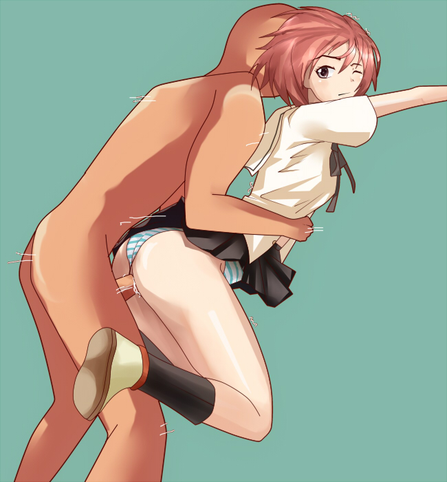 ass blue_panties bob_cut brown_eyes carrying clothed_female_nude_male clothed_sex clothing doggy_style female houjou_kuniko human kiari looking_back male panties panties_aside penis pink_hair pleated_skirt school_uniform serafuku sex shangri-la short_hair skirt skirt_lift standing standing_doggy_style straight striped striped_panties uncensored underwear white_panties wince wink