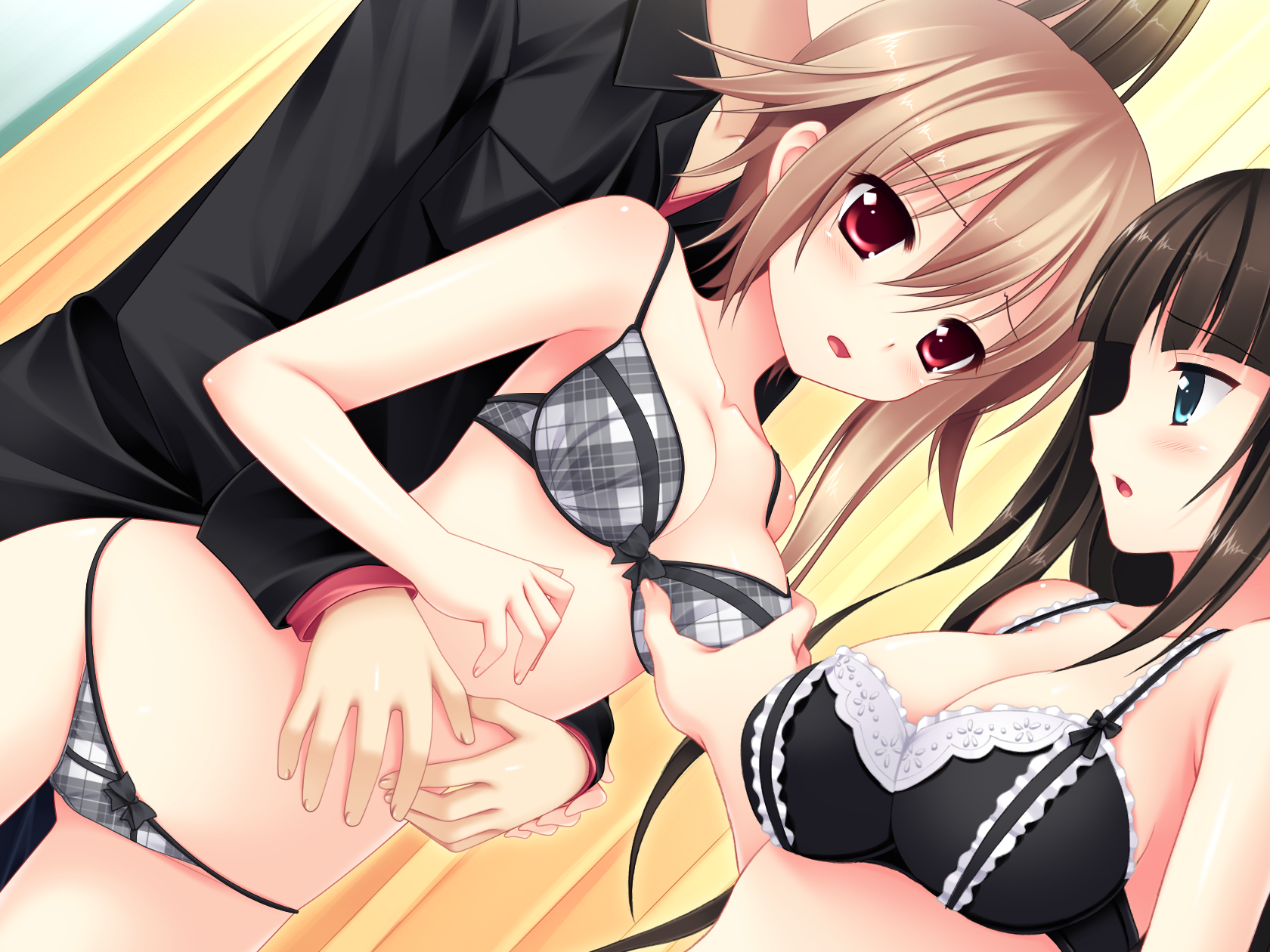 black_hair blush bra breast_grab brown_hair game_cg makita_maki mecha-con! narusawa_sora panties sakurajima_moe tagme_(character) underwear