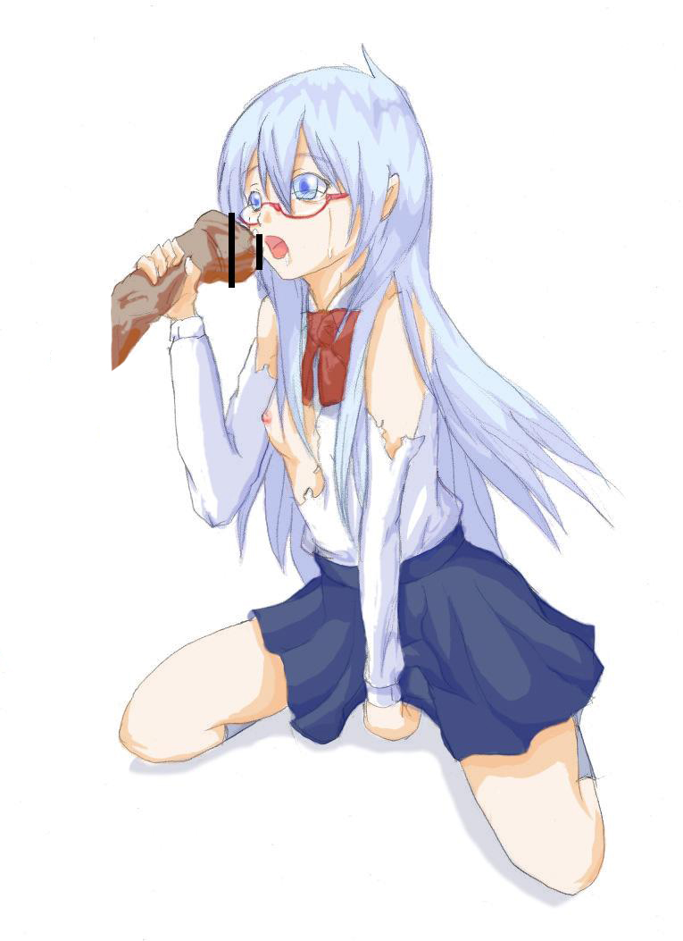 amamiya_sakurako areola areolae black_legwear blue_eyes blue_hair blue_skirt blush censored flat_chest glasses kneehighs nipples penis psyren school_uniform shirt small_breasts thighs torn_clothes