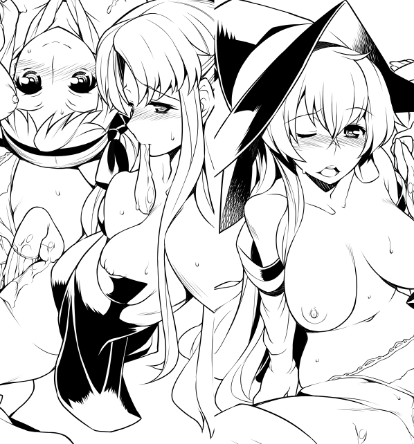 3girls blush breasts cierra_(riviera_the_promised_land) clothing female fia_(riviera_the_promised_land) grinding hat lina_(riviera_the_promised_land) line_art long_hair monochrome multiple_girls open_mouth original outercourse panties panties_aside penis pussy riviera_the_promised_land ryuuta_(msxtr) spread_legs thighhighs topless uncensored underwear witch_hat