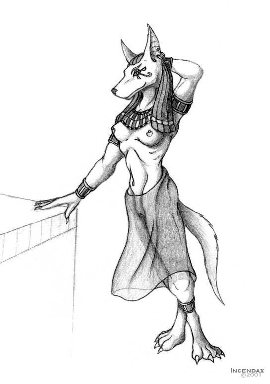 2001 anthro anubian_jackal anubis breasts deity ear_piercing earring female incendax piercing solo