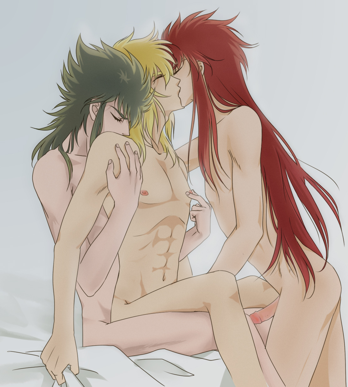 3boys aquarius_camus bed_sheet blonde_hair cygnus_hyoga gay green_hair group_sex highres hug kissing kraken_isaac long_hair male male_only multiple_boys nipple_pinch nipple_tweak nippleplay nipples nude penis red_hair saint_seiya sex sheet_grab sheets threesome uncensored yaoi