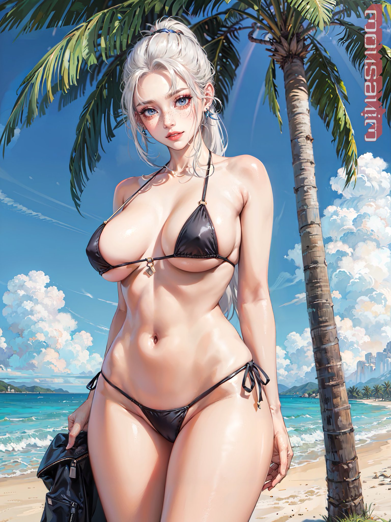 1girls, ai generated, bikini, breasts, curvaceous, curvy body, curvy female, female, female focus, female only, hi res, huge breasts, long hair, original character, ponytail, solo female, solo focus, stable diffusion, voluptuous, voluptuous female, white hair, winesnow