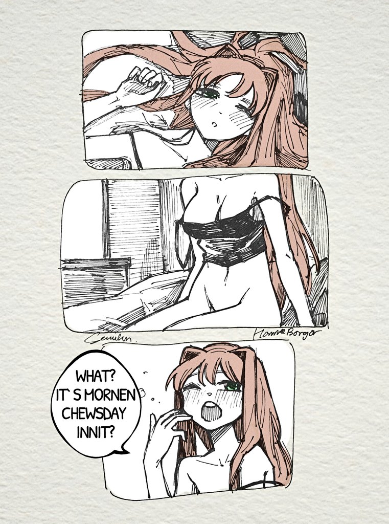 1girls breasts british british_accent cleavage doki_doki_literature_club female green_eyes horneebogor7709 long_hair meme monika_(doki_doki_literature_club) one_eye_closed senukin_(artist) waking_up