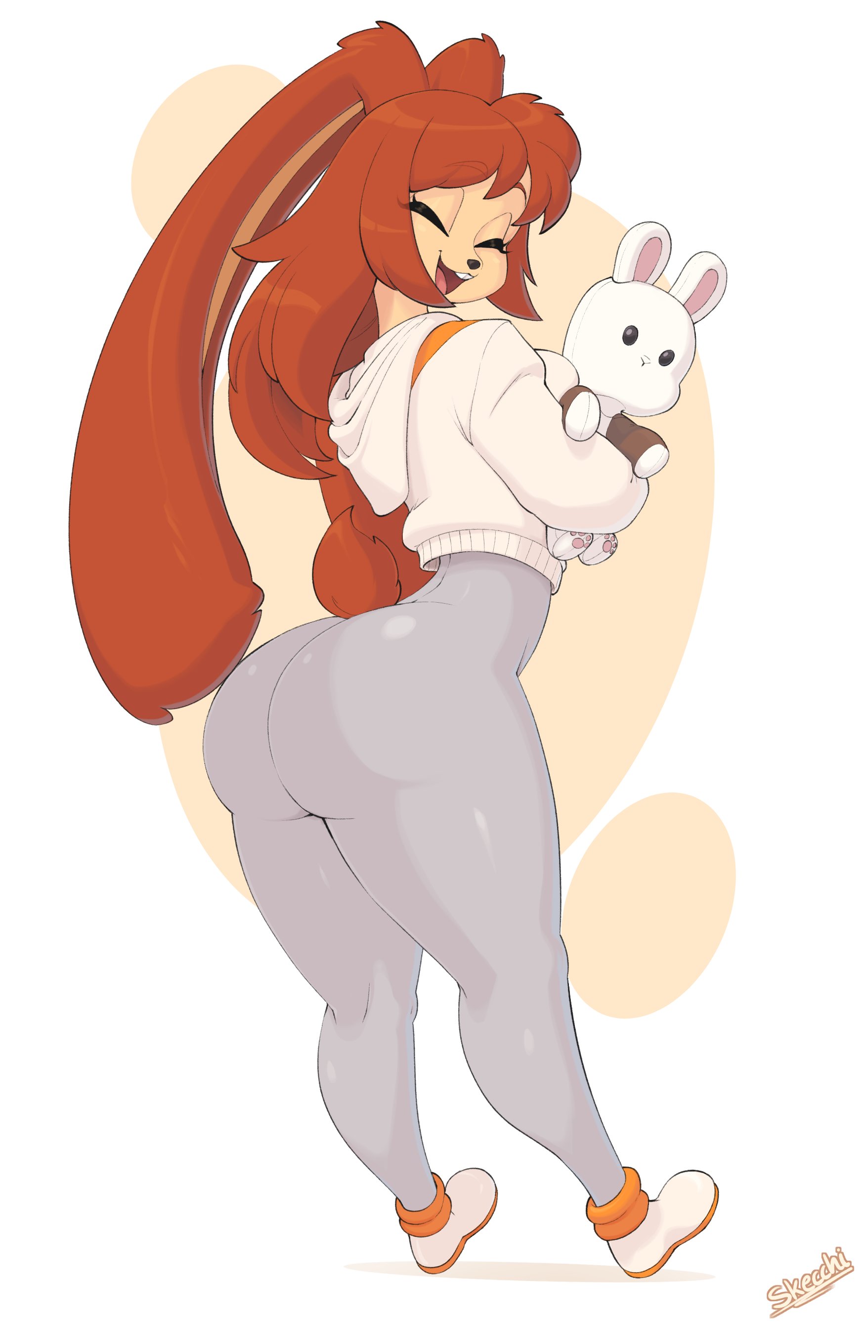 1girls, anthro, ass, brown hair, bunny ears, bunny tail, closed eyes, commission, female, female only, hi res, hoodie, lagomorph, leggings, long hair, looking at viewer, looking back, looking back at viewer, plushie, skecchiart, smiling, smiling at viewer, solo, thick ass, thick thighs