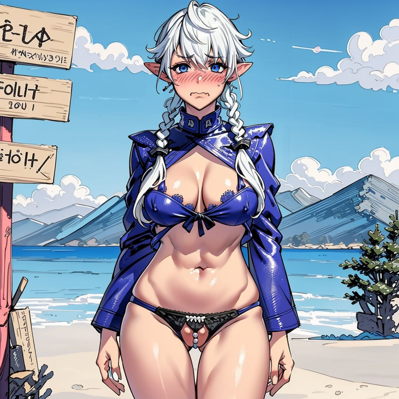 1girls 2023 ai_generated alisaie_leveilleur anime_nose beach beach_background bead_bikini bead_panties beads big_breasts blue_eyes blue_lingerie blush blushing_at_viewer braid braided_hair braided_ponytail breasts cleavage clothed_female cloud clouds elezen elf elf_ears elf_female elf_girl final_fantasy final_fantasy_xiv lingerie looking_at_viewer muscular muscular_female nearly_nude nervous nervous_smile pearl_thong pearls pointy_ears ponzuaji pussy ribbon ribbons sand sea seaside sign square_enix thick_thighs white_hair