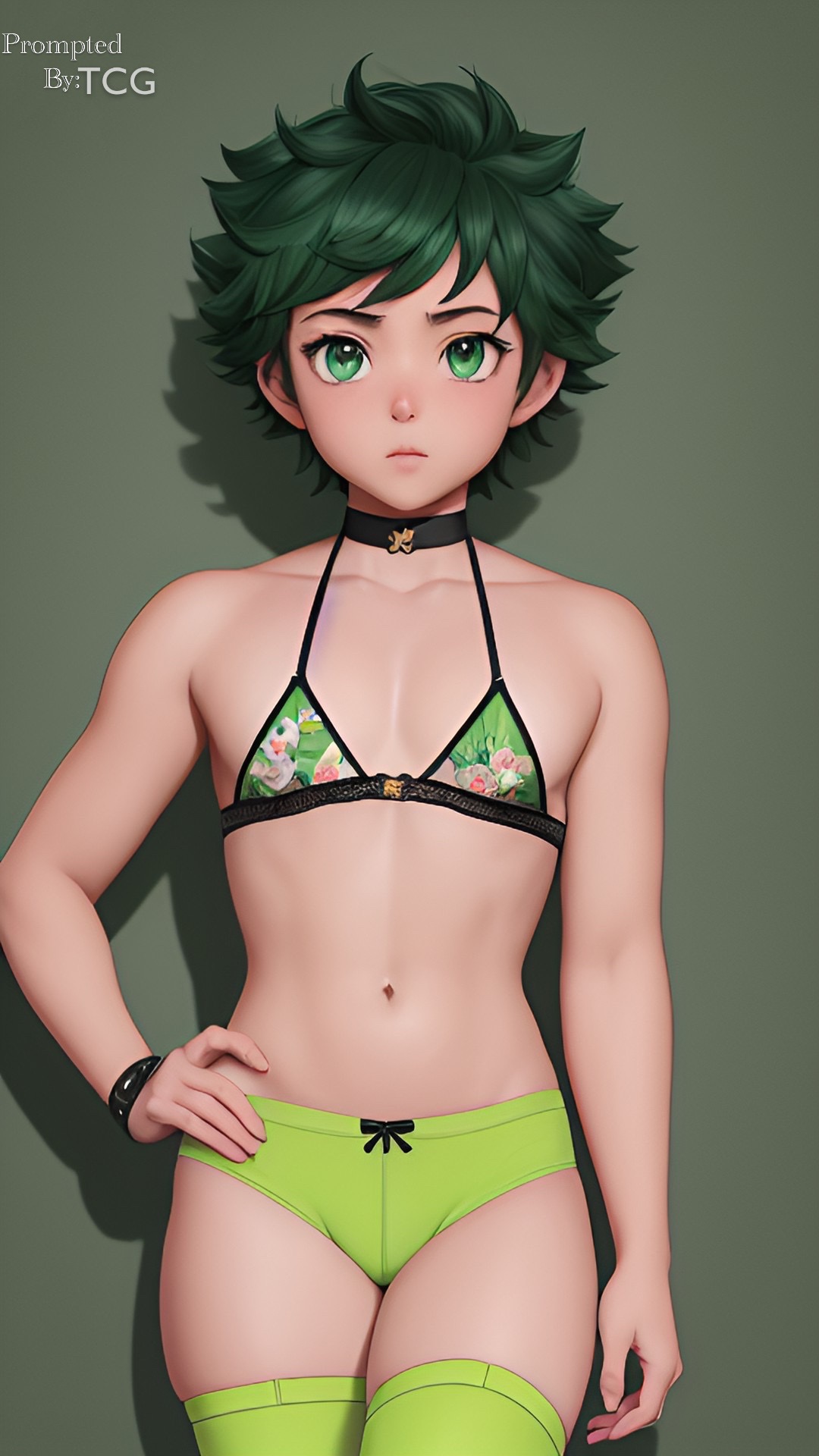 abs ai_generated bikini_top choker deku femboy feminine_male girly green_eyes green_hair grey_background izuku_midoriya male_only midoriya_izuku my_hero_academia short_hair small_bulge small_shorts thechronicgamer thigh_highs trap