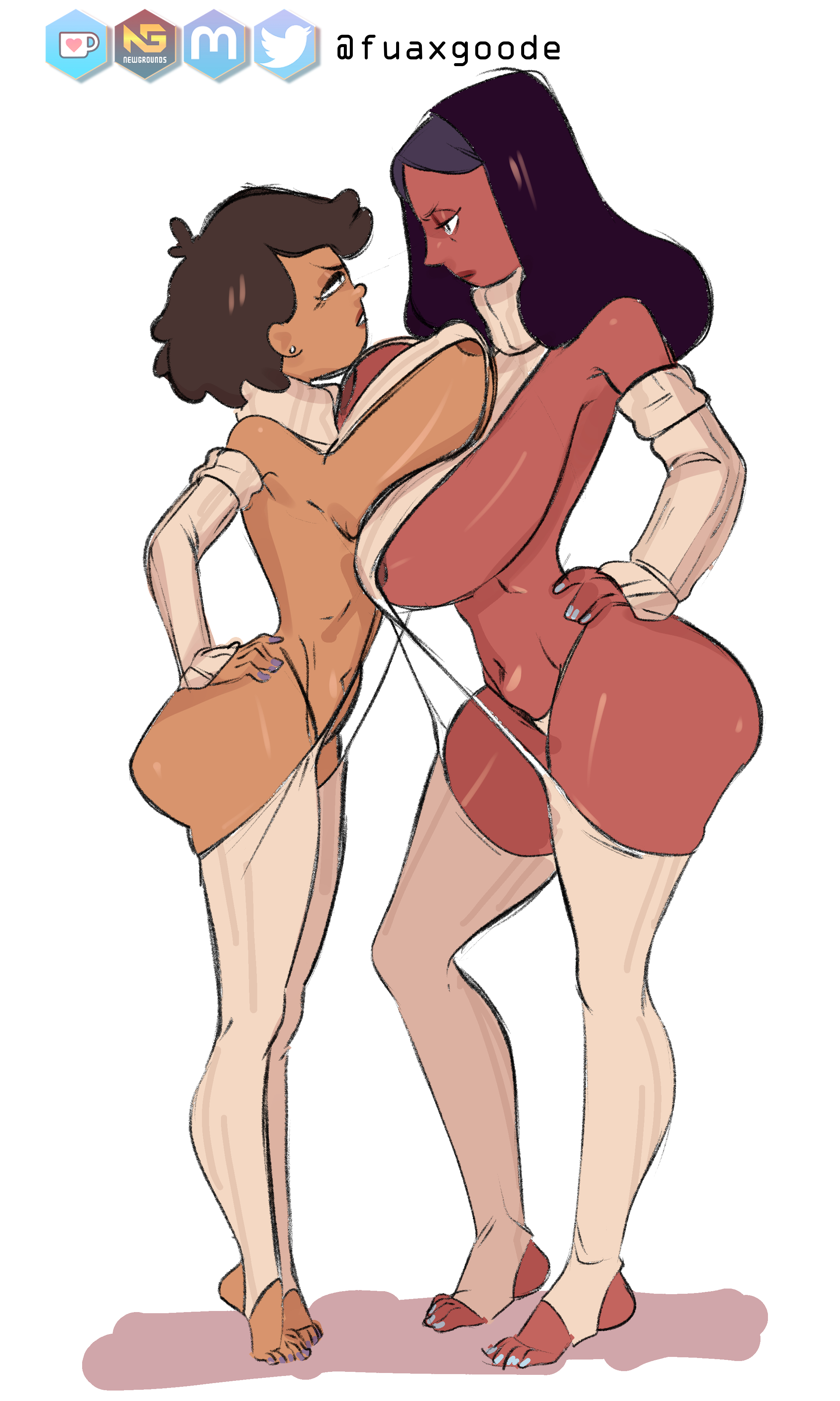 2girls, amphibia, areolae, big breasts, breast to breast, breasts, breasts bigger than head, cartoon network, crossover, dark skin, dark-skinned female, disney, double chocolate, exposed breasts, female, female focus, female only, fuax goode, hand on hip, hands on hips, huge breasts, human, human only, long breasts, looking at another, mature female, milf, mother, mrs. boonchuy, no bra, oum boonchuy, priyanka maheswaran, standing, steven universe, straight hair, sweater, virgin destroyer sweater, visible nipples, voluptuous, voluptuous female, white background