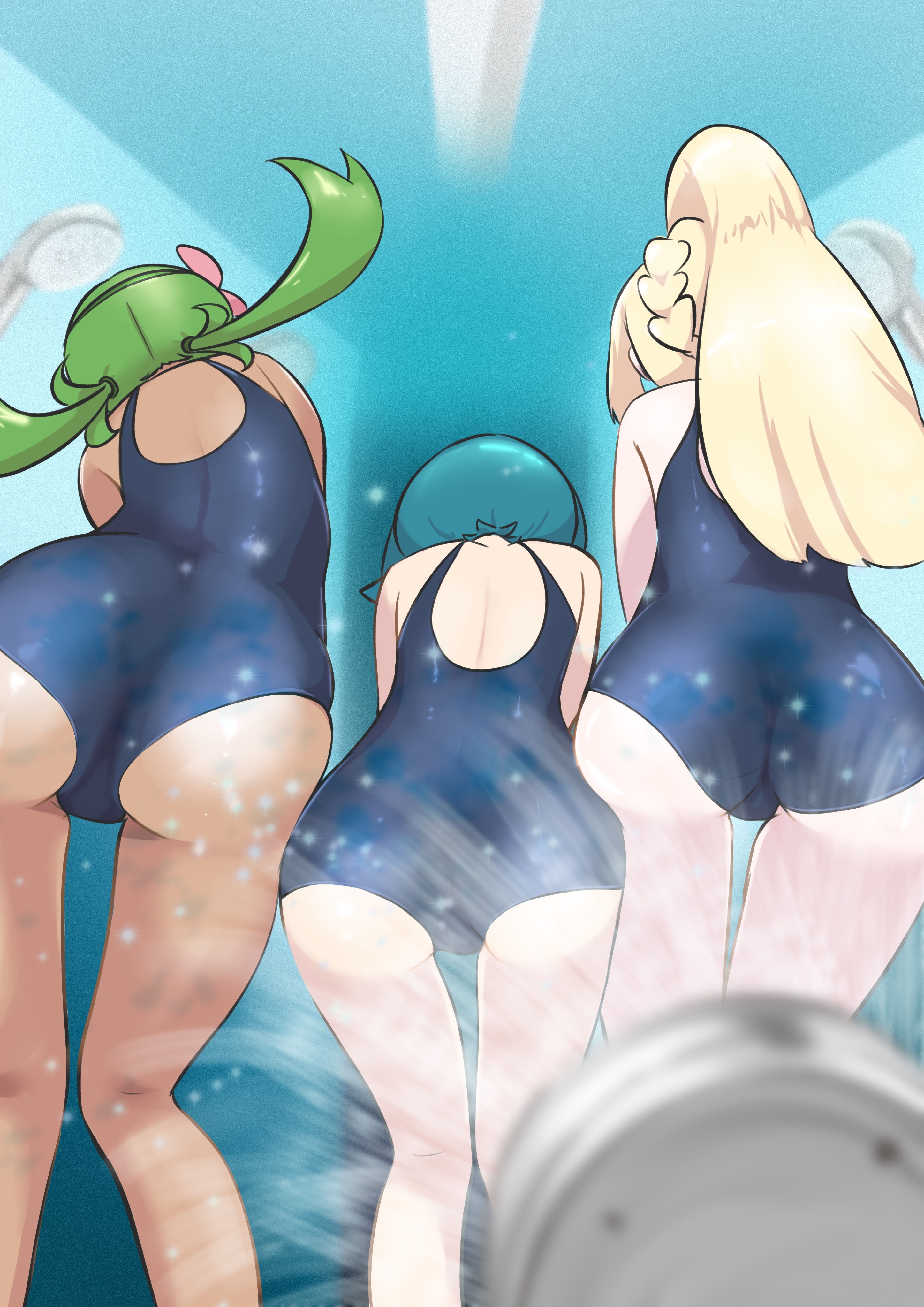 3girls, ass, big ass, big butt, blonde hair, blue hair, female, female only, green hair, hi res, jpeg, lana (pokemon), lillie (pokemon), mallow (pokemon), microsd (artist), nintendo, one-piece swimsuit, pokemon, pokemon sm, ponytail, rubber, rubber clothing, shower, showering, standing, swimsuit, water