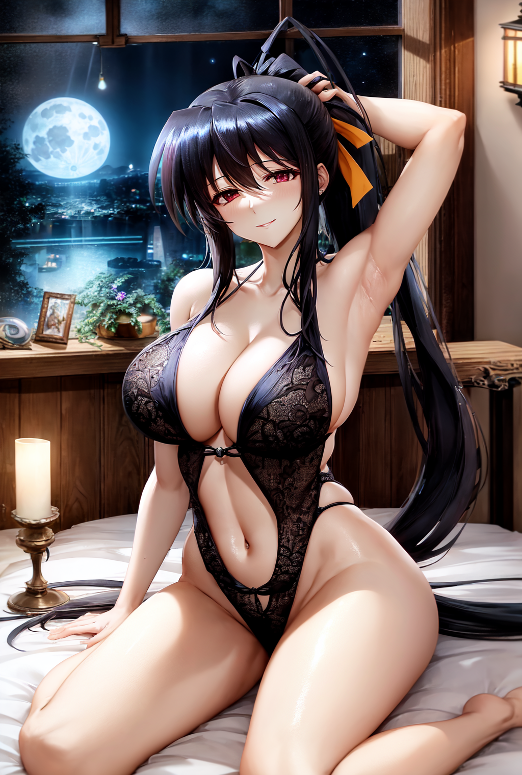 ai generated, akeno himejima, breasts, curvy body, curvy female, female, female focus, female only, hi res, high school dxd, huge breasts, long hair, ponytail, stable diffusion, voluptuous