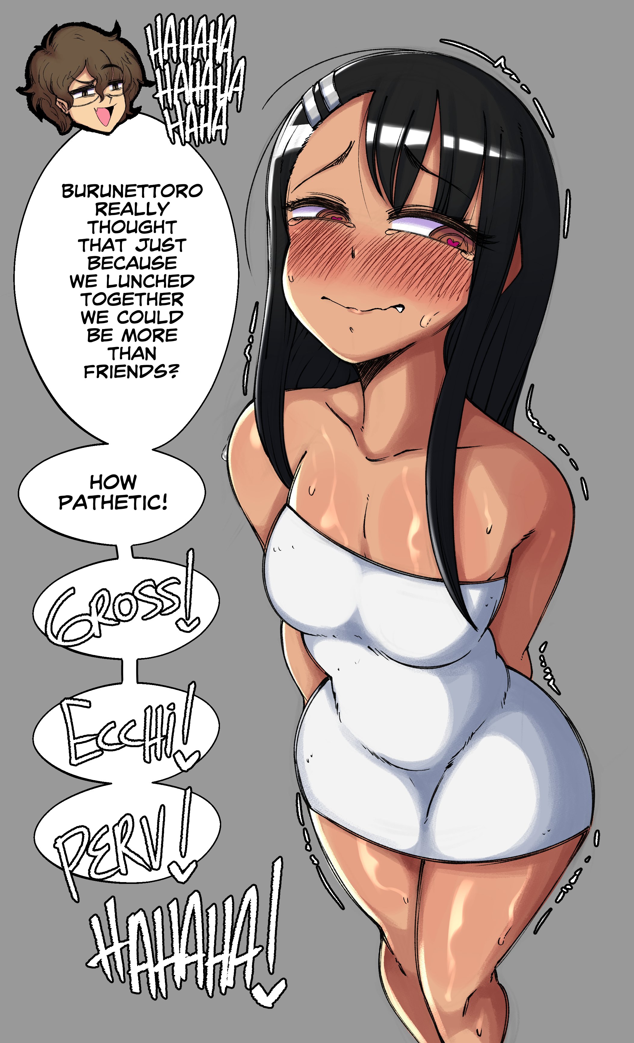 1boy, 1girls, alternate universe, black hair, breasts, brown eyes, brown hair, clothed, clothing, english text, fangs, female, glasses, hayase nagatoro, heart-shaped pupils, human, human only, long hair, male, naoto hachioji (senpai), please don't bully me, nagatoro, revealing clothes, role reversal, saltyxodium, shivering, small breasts, submissive and breedable, sweat, tan, tan skin, tanned, text, towel, wide hips