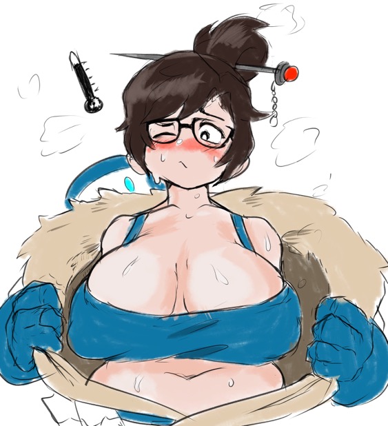 1girls blush exposed_bra eyewear female female_only fur_coat glasses gloves grumpram large_breasts mei_(overwatch) one_eye_closed overwatch simple_background solo solo_female sweat sweating sweaty sweaty_breasts white_background