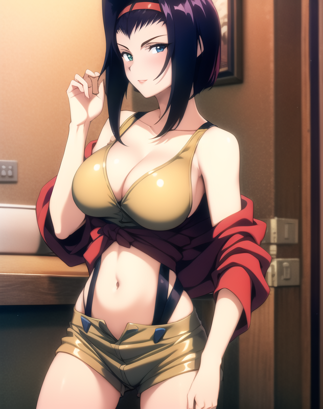 1girls, ai generated, big breasts, breasts, cowboy bebop, faye valentine, female, hairband, human, large breasts, light skin, light-skinned female, pale skin, pale-skinned female, purple hair, short hair, stable diffusion
