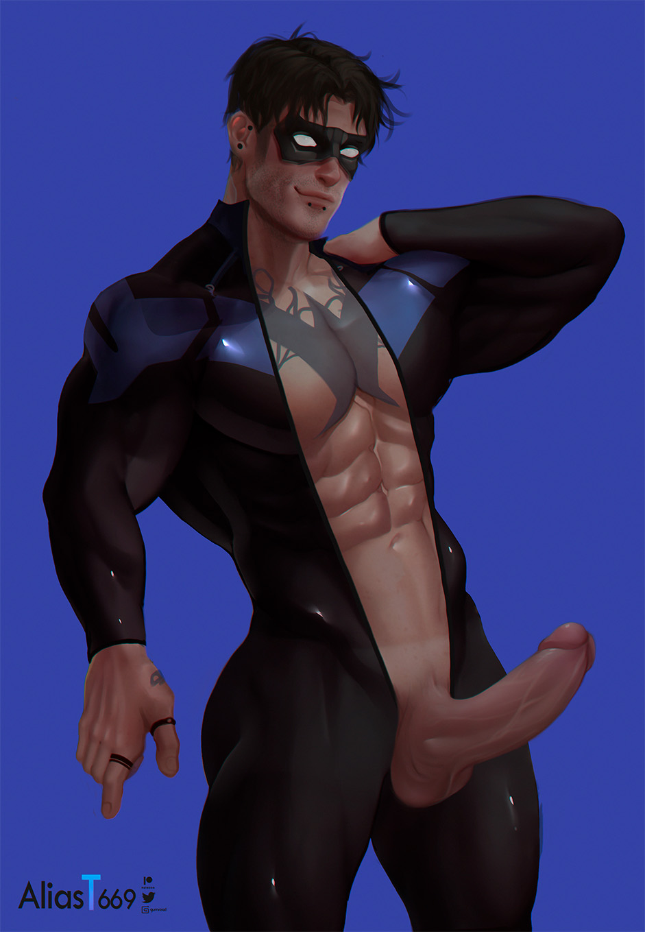 1boy abs aliast669 artist_name bara batman_(series) black_bodysuit black_hair blue_background blue_bodysuit bodysuit chest_tattoo closed_mouth dc dc_comics dick_grayson domino_mask erection highres jewelry large_pectorals male male_focus male_only mask muscular muscular_male navel nightwing open_bodysuit open_clothes pectorals penis ring short_hair simple_background smile solo tattoo thick_thighs thighs two-tone_bodysuit