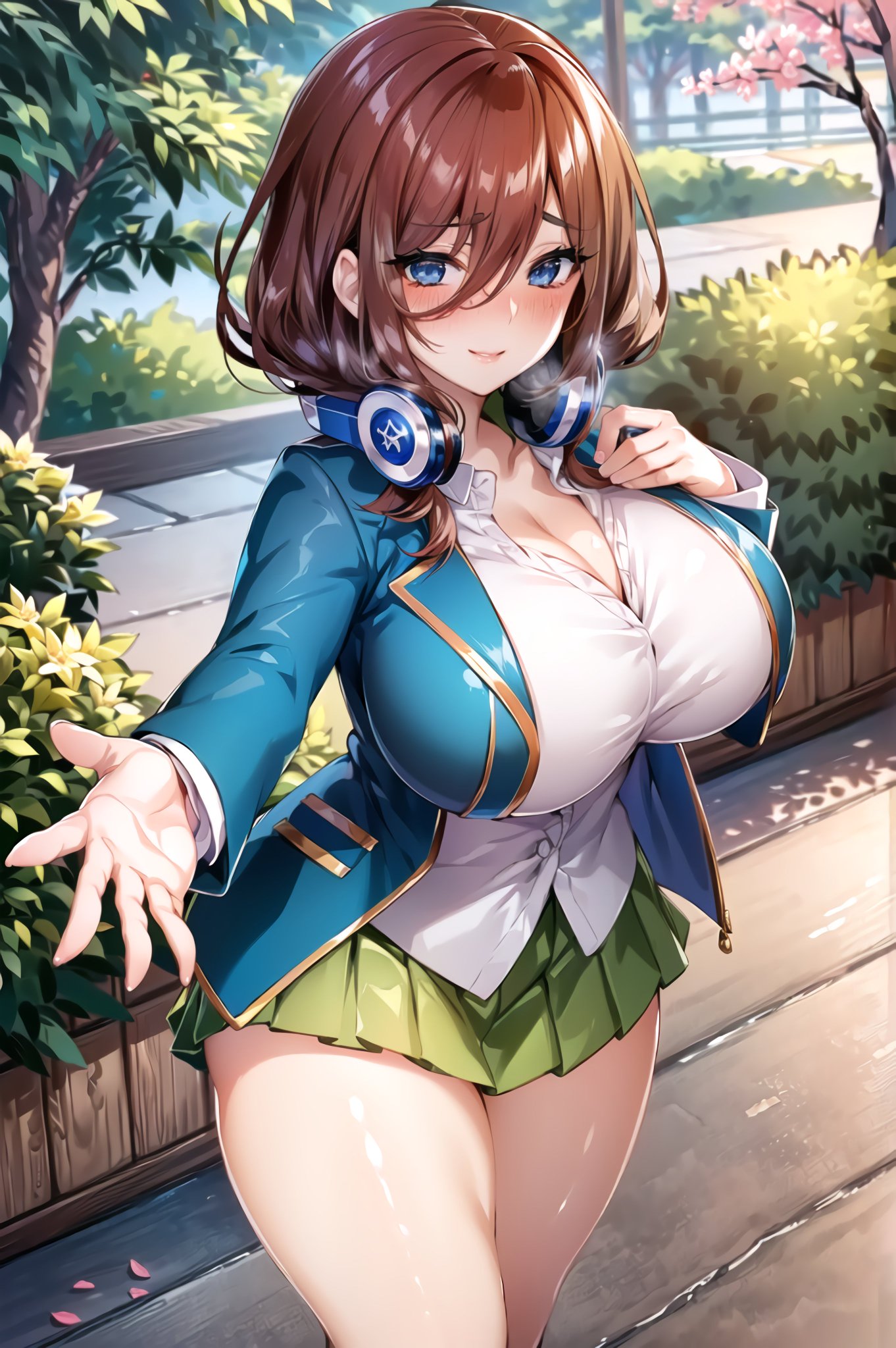 ai generated, breasts, curvy body, curvy figure, female, go-toubun no hanayome, huge breasts, long hair, microskirt, nakano miku, school uniform, schoolgirl, skirt, stable diffusion, voluptuous, voluptuous female