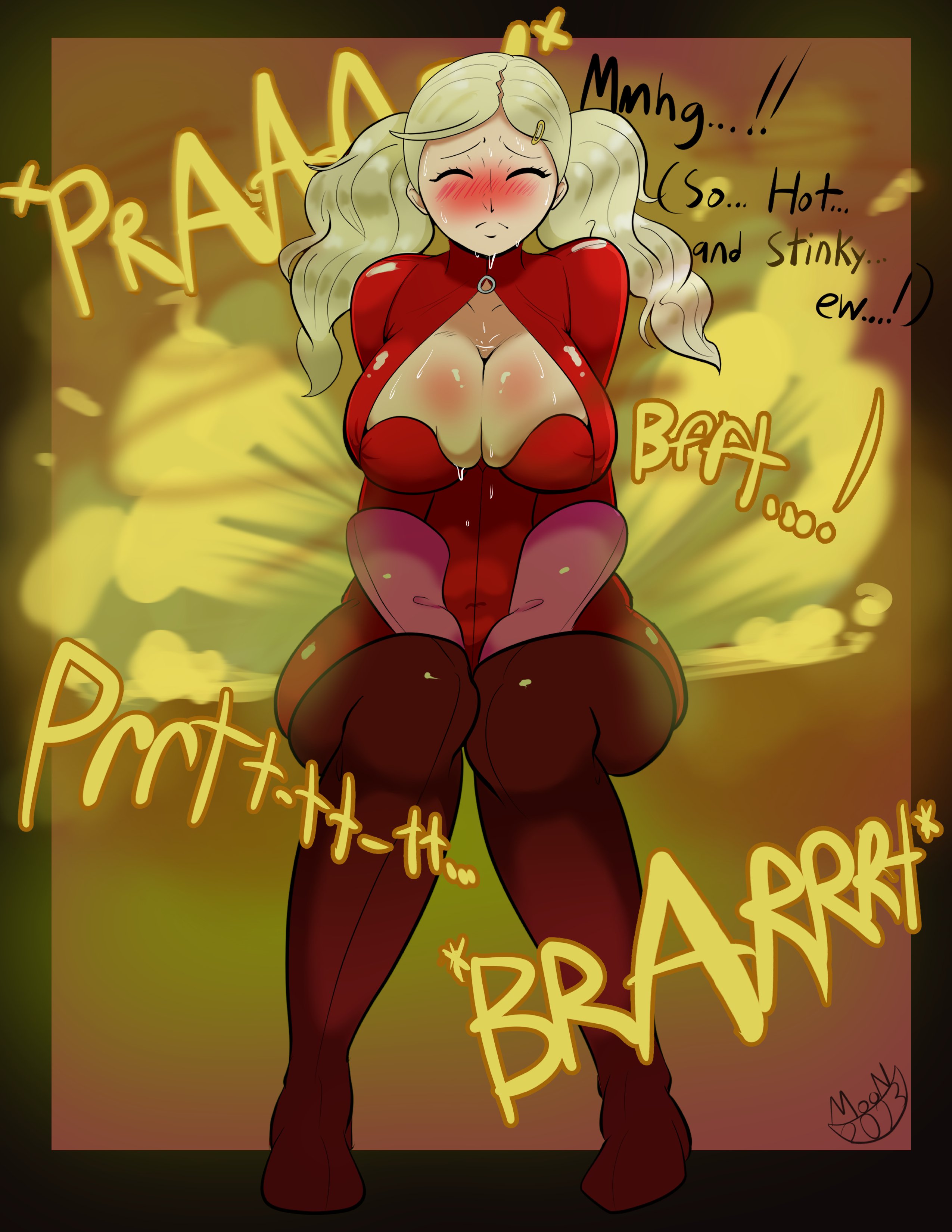 ann takamaki, ass, big ass, big breasts, bimbo, blonde hair, blush, brap, embarrassed, embarrassed female, english text, fart, fart fetish, farting, fat ass, female, huge breasts, large breasts, persona, persona 5, persona 5 royal, red bodysuit, stinky, sweaty, wide hips