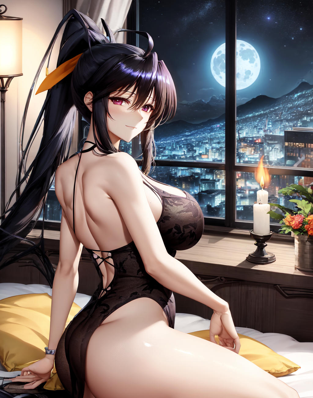 ai generated, akeno himejima, breasts, female, female focus, female only, hi res, high school dxd, huge breasts, looking at viewer, ponytail, stable diffusion, voluptuous, voluptuous female
