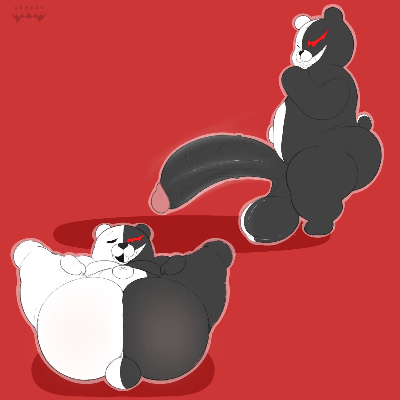 1boy, 2023, anthro, ass, balls, bear, big ass, big balls, big butt, big penis, black balls, black body, black butt, black eyes, black nose, black penis, bodily fluids, danganronpa, furry, genetic chimerism, genitals, glans, grin, hi res, huge cock, humanoid genitalia, humanoid penis, lying, male, male only, mammal, monokuma, multicolored body, multicolored butt, no humans, nude, on back, penis, pink glans, red background, red eyes, signature, simple background, smile, solo, split color, spread legs, spreading, standing, straight hair, sweat, teeth, thick penis, two-tone body, vein, veiny penis, white balls, white body, white butt, yamwamm