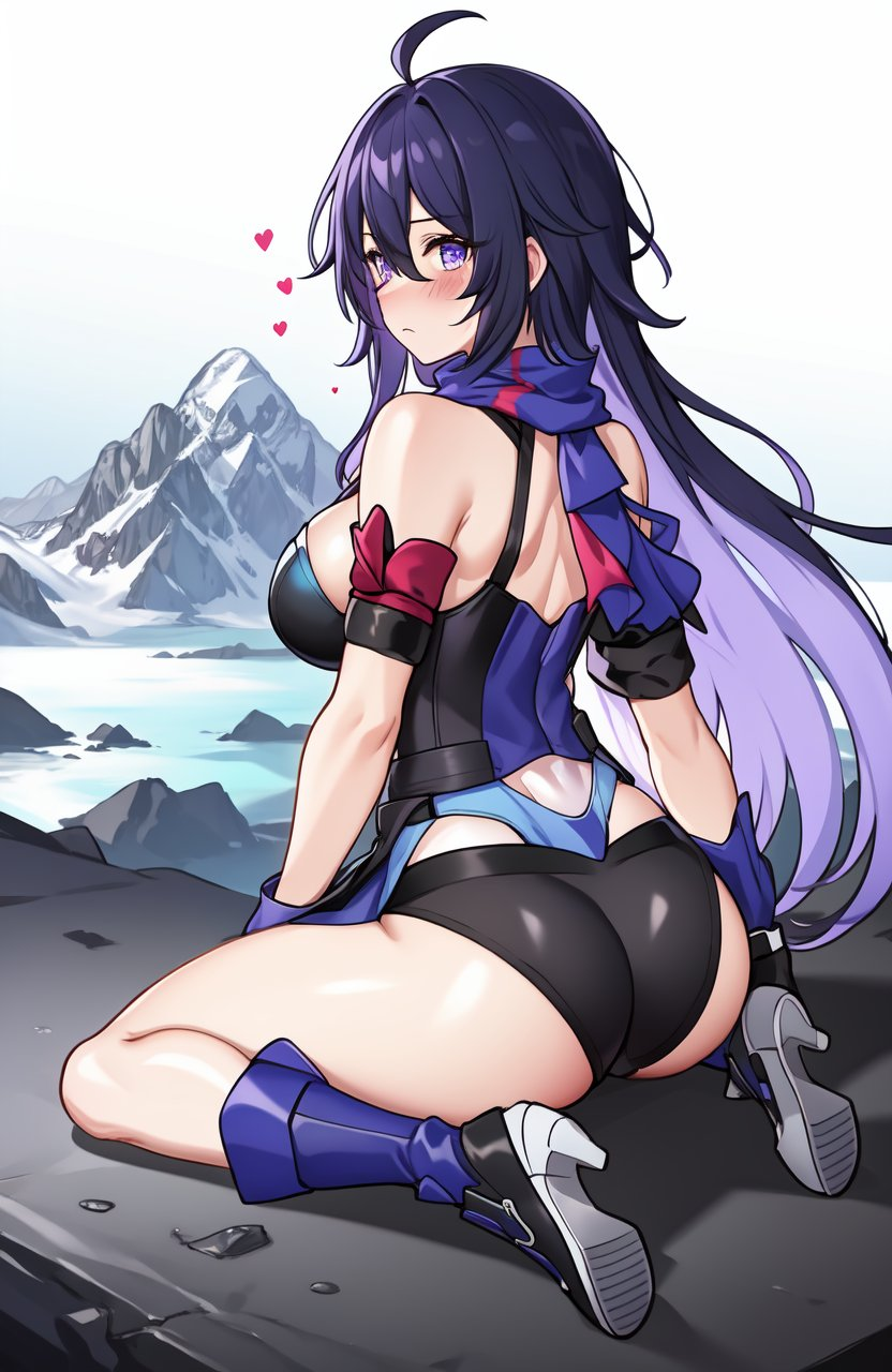 1girls, ai generated, ass, big ass, big breasts, breasts, female, honkai: star rail, long hair, panties, purple eyes, purple hair, scarf, seele (honkai: star rail)