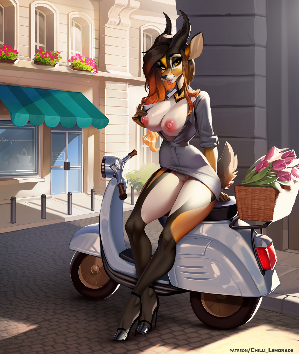 anthro aomori breasts female female_only fur furry motorcycle nude nude_female solo tongue tongue_out touching_breast zahra_(airheart)