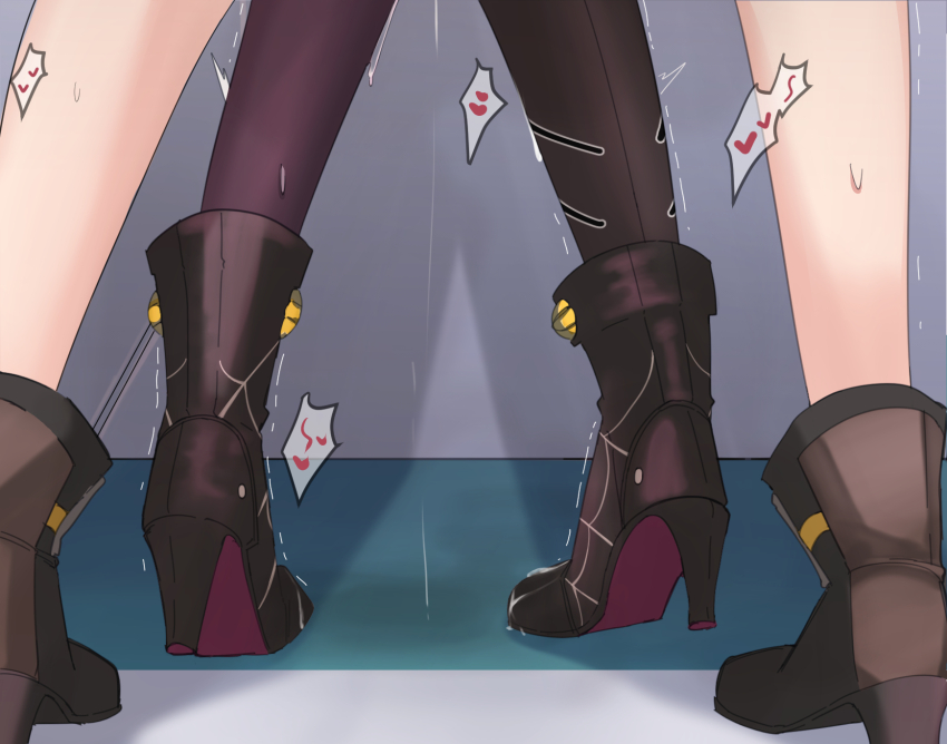 2girls, black footwear, black pantyhose, boots, brown footwear, burgundy bottom heels, dripping pussy, female, from behind, futanari, heart, high heel boots, high heels, highres, hinagi, hinagi (fox priest), honkai (series), honkai: star rail, implied futa, implied sex, implied sex from between legs, intersex, kafka (honkai: star rail), legs, multiple females, multiple girls, offscreen sex, pantyhose, purple bottom heels, pussy, pussy juice, spoken heart, standing, standing sex, stelle (honkai: star rail), tiptoes, trembling, yuri