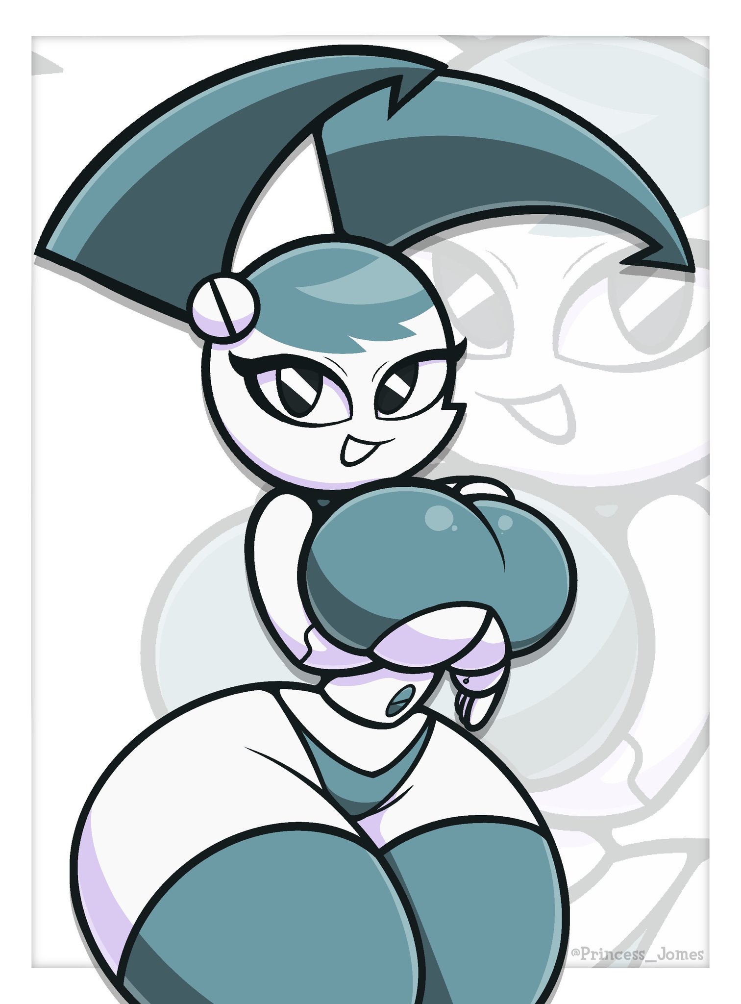 1girls, android, aqua hair, ass, barely clothed, big ass, big breasts, big hips, boob window, breasts, colored skin, female, female only, huge breasts, jenny wakeman, joints, long hair, looking at viewer, my life as a teenage robot, navel, nickelodeon, no bra, princess jomes, robot, robot girl, robot joints, smile, solo, thick thighs, thighhighs, thighs, twintails, white skin, wide hips