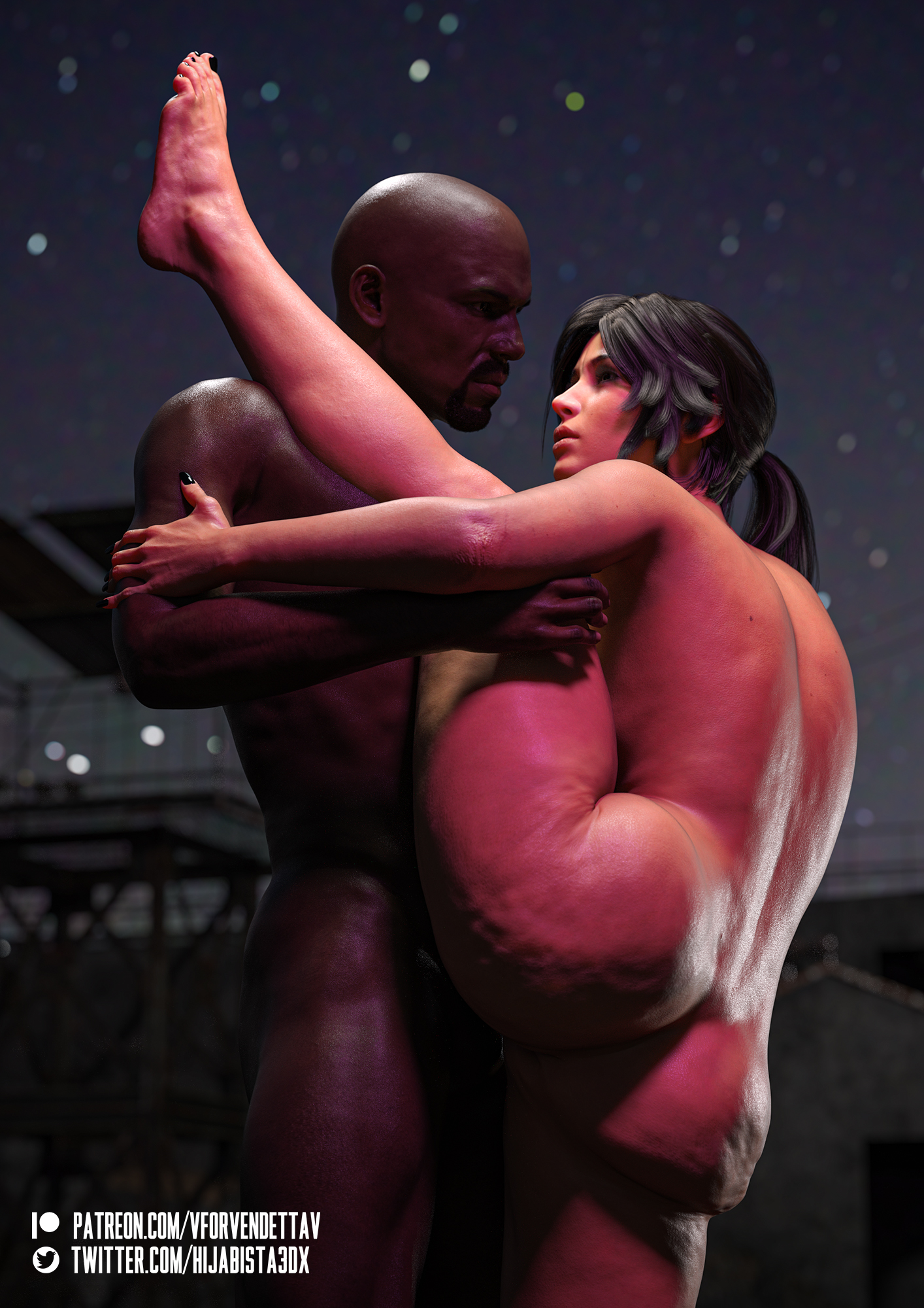 3d, 3dx, arm grab, ass, athletic, athletic female, barefoot, big ass, blender, blurry background, brown eyes, cellulite, curvaceous, curvy, dark skin, dark-skinned male, feet, female, flexible, high resolution, huge ass, interracial, lara croft, lara croft (survivor), large ass, leg up, looking at partner, male, nude, nude female, nudity, one leg up, realistic, sex, short hair, standing, standing on one leg, standing split, tagme, thick thighs, thigh grab, thighs, toes, tomb raider, tomb raider (survivor), vforvendettav, wide hips