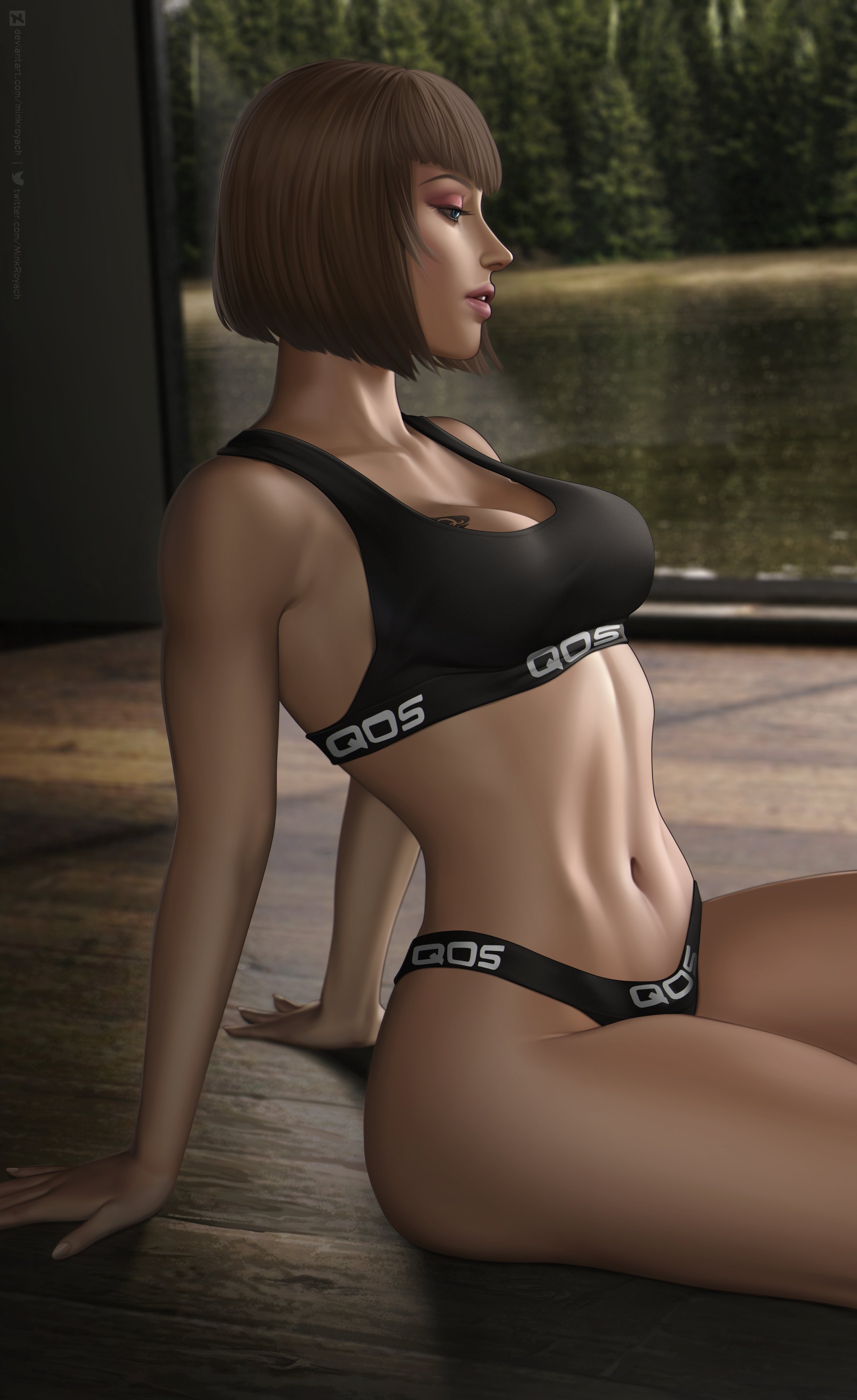 1girls, anna williams, big breasts, bob cut, breasts, brown hair, busty, female, female only, fit, fit female, light skin, light-skinned female, minkroyach, qos, qos clothing, queen of spades, queen of spades symbol, short hair, sitting, solo, spade tattoo, tattoo, tekken