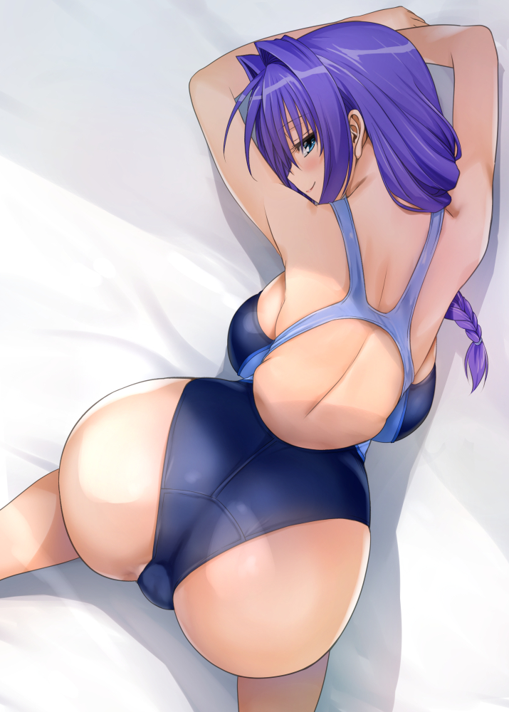 all_fours ass back backboob bangs blue_eyes blush braid breasts closed_mouth clothing competition_swimsuit eyebrows_visible_through_hair female female_only hair_over_shoulder highleg highleg_swimsuit kanon large_breasts lips long_hair looking_at_viewer looking_back mature mature_female minase_akiko mitarashi_kousei one-piece_swimsuit purple_hair sideboob single_braid smile solo swimsuit tank_suit tied_hair