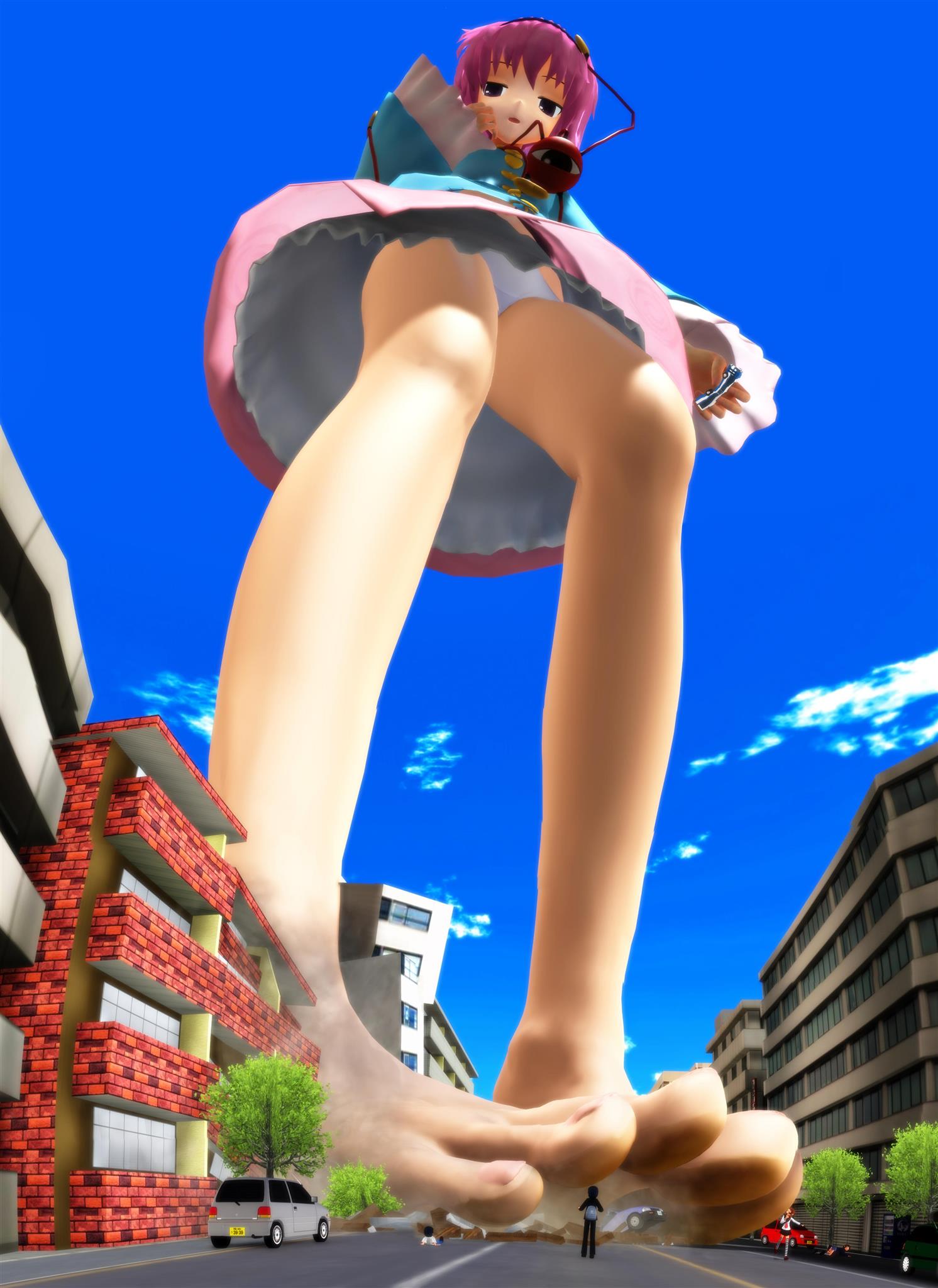 2boys 3d 3girls barefoot bus car city crush crushed crushing destruction digital_media_(artwork) dress feet female foot_fetish foot_focus giantess gonzres hi_res male miniboy minigirl pink_hair pink_nails satori_komeiji short_hair sky toes touhou tree