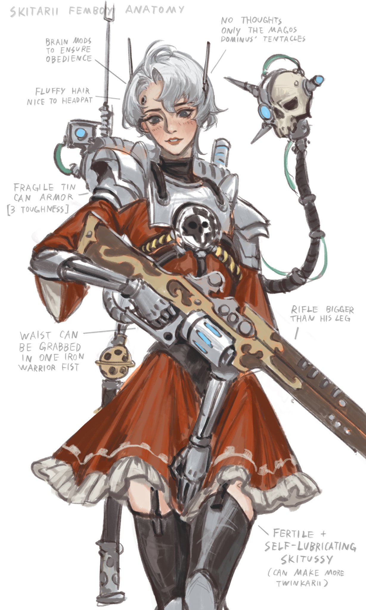 adeptus_mechanicus archon_of_flesh crossdressing cyborg english_text femboy feminine_male holding_weapon imperium_of_man skirt skitarii solo solo_male text thighhighs warhammer_(franchise) warhammer_40k white_hair