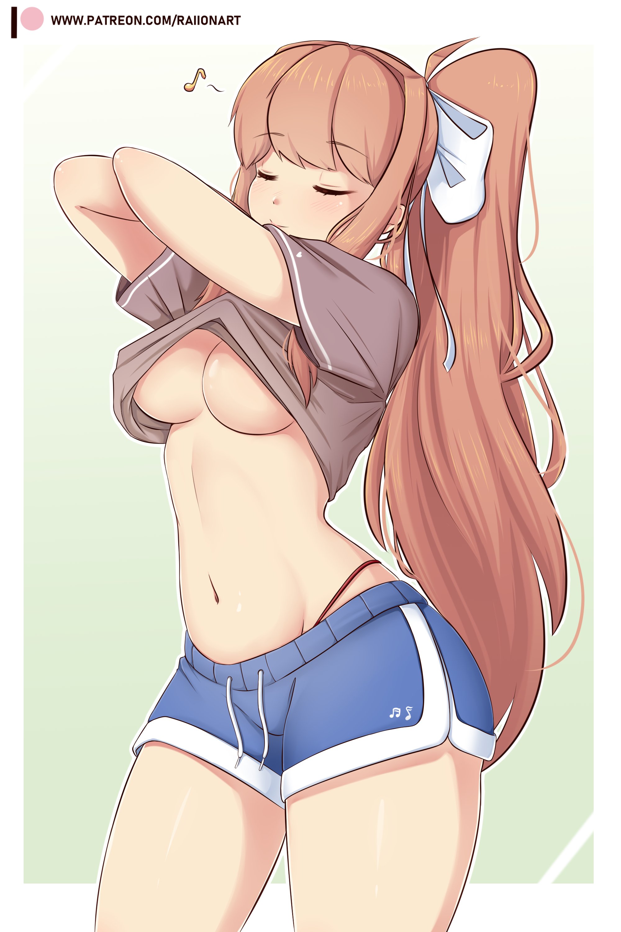 1girls, artist name, breasts, brown hair, cleavage, closed eyes, doki doki literature club, female, female only, hair ornament, hair ribbon, hi res, highres, long hair, monika (doki doki literature club), ponytail, raionart, removing clothing, shirt, shirt lift, shorts, simple background, singing, thong, underboob, undressing, watermark