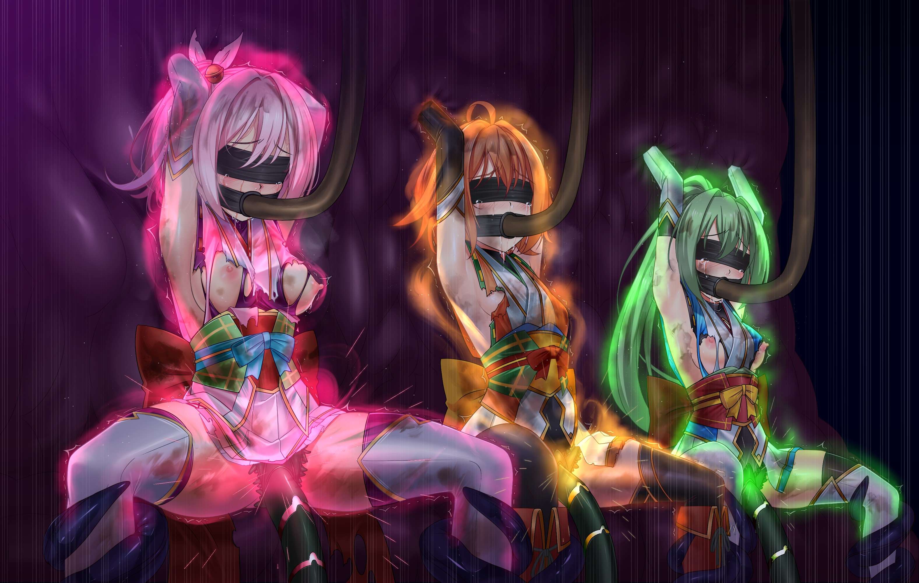3girls, armpits, arms up, blindfold, bondage, breasts, breasts out, crying, defeated, defeated heroine, energy drain, feeding tube, female, femsub, gag, gagged, gloves, glowing, green hair, humiliation, kunoichi, long gloves, magical girl, meten, multiple females, multiple girls, multiple subs, ninja, nipples, orange hair, original, pink hair, restrained, ring gag, scared, short hair, sideboob, small breasts, stockings, tentacle, thighhighs, tomboy, torn clothes, tube, twitching
