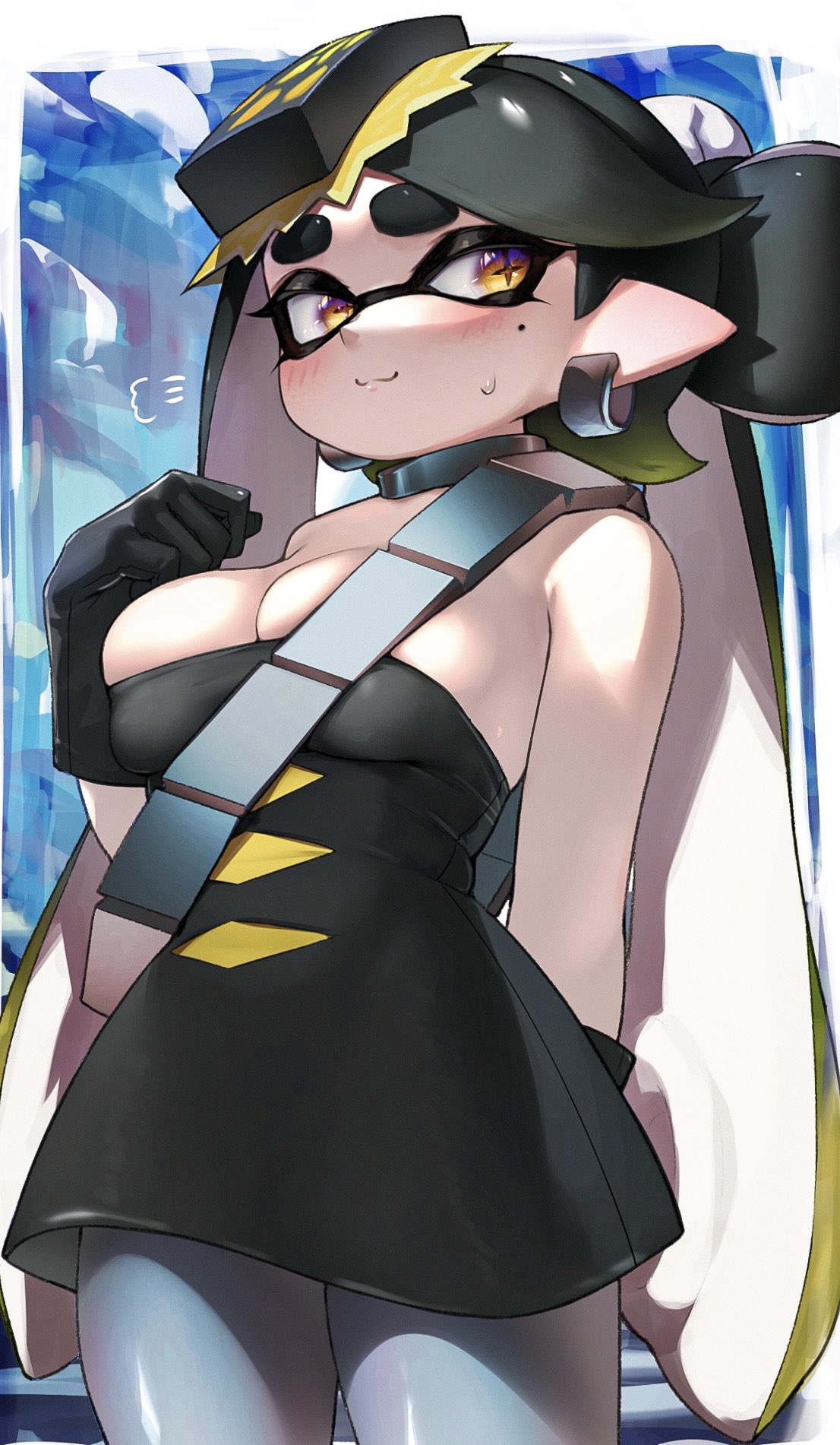 1girls, black hair, blush, callie (alterna), callie (splatoon), cleavage, collar, dress, ear piercing, earrings, female, gloves, hizake, inkling, kashu (hizake), nintendo, pointy ears, smile, solo, splatoon, splatoon (series), splatoon 3, splatoon 3: return of the mammalians, sweat, tight clothing, yellow eyes