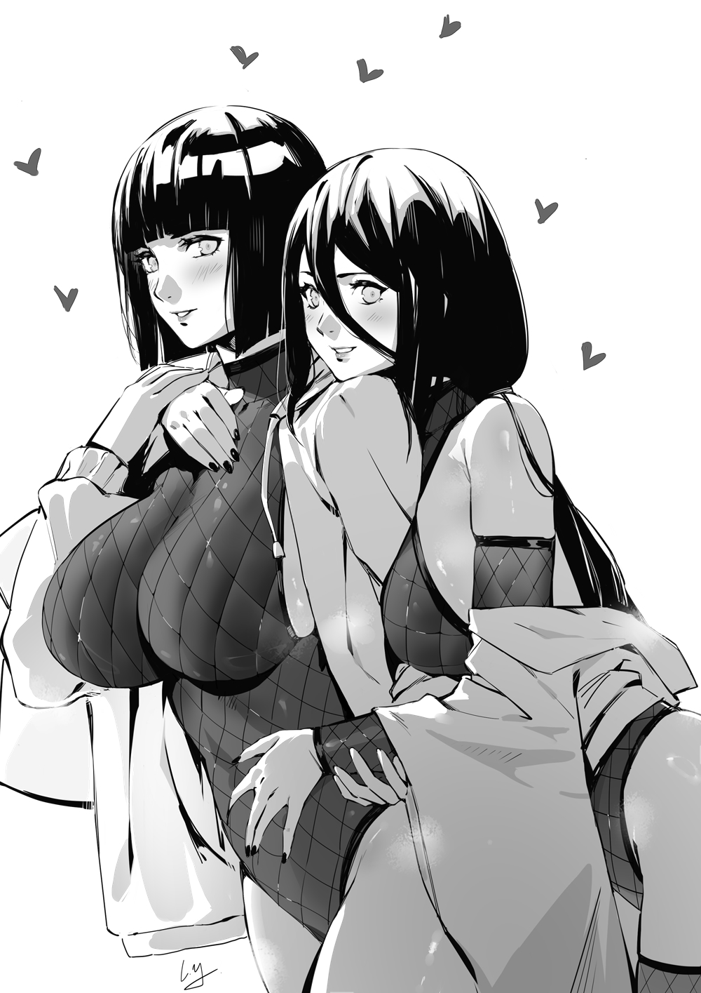 2girls arm_grab arm_support armwear asian asian_clothing asian_female bare_shoulders bare_thighs big_breasts black_nail_polish black_nails blush bob_cut bodysuit boruto:_naruto_next_generations busty cleavage clothed clothing club3 cuddling curvaceous curvy curvy_body curvy_female curvy_figure embrace embracing female female_focus female_only fishnet fishnet_armwear fishnet_bodysuit fishnet_legwear fishnets hi_res high_resolution highres hyuuga_hanabi hyuuga_hinata kimono large_breasts legwear lipstick looking_at_viewer makeup mature mature_female medium_hair milf monochrome nail_polish nanaya_(daaijianglin) naruto naruto_(series) painted_nails ponytail pose posing shoulder_length_hair shounen_jump side_view sideboob sisters skimpy skimpy_clothes smile smiling smiling_at_viewer standing thighhighs tied_hair tight_clothing voluptuous voluptuous_female white_background wide_hips yukata