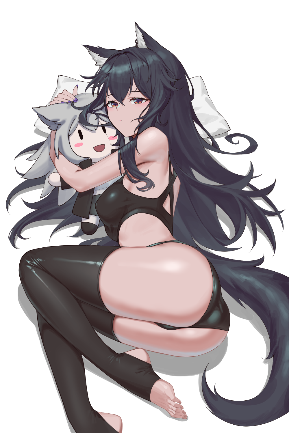 1girls 2023 animal_ears arknights ass ass_focus bare_shoulders bare_thighs bikini black_bra black_hair black_legwear black_panties bra butt cute feet female hi_res hug kemonomimi koi27 lappland_(arknights) latex_thighhighs legs legwear light-skinned_female looking_at_viewer lying nipples_visible_through_clothing orange_eyes panties pillow plushie pose posing purple_nail_polish purple_nails round_ass simple_background solo spandex texas_(arknights) thighhighs thighs toes underwear wolf_ears wolf_girl wolf_tail