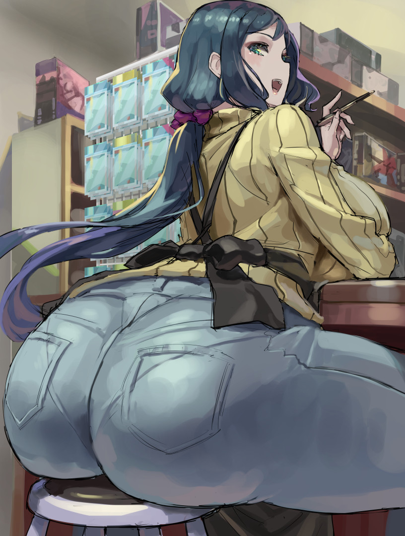 1girls ass blue_eyes blue_hair breasts clothed curvaceous female female_only gundam gundam_build_fighters huge_ass huge_breasts iori_rinko jeans kazo large_breasts light-skinned_female light_skin long_hair mature_female milf smile solo sweater thick_thighs tight_clothing wide_hips