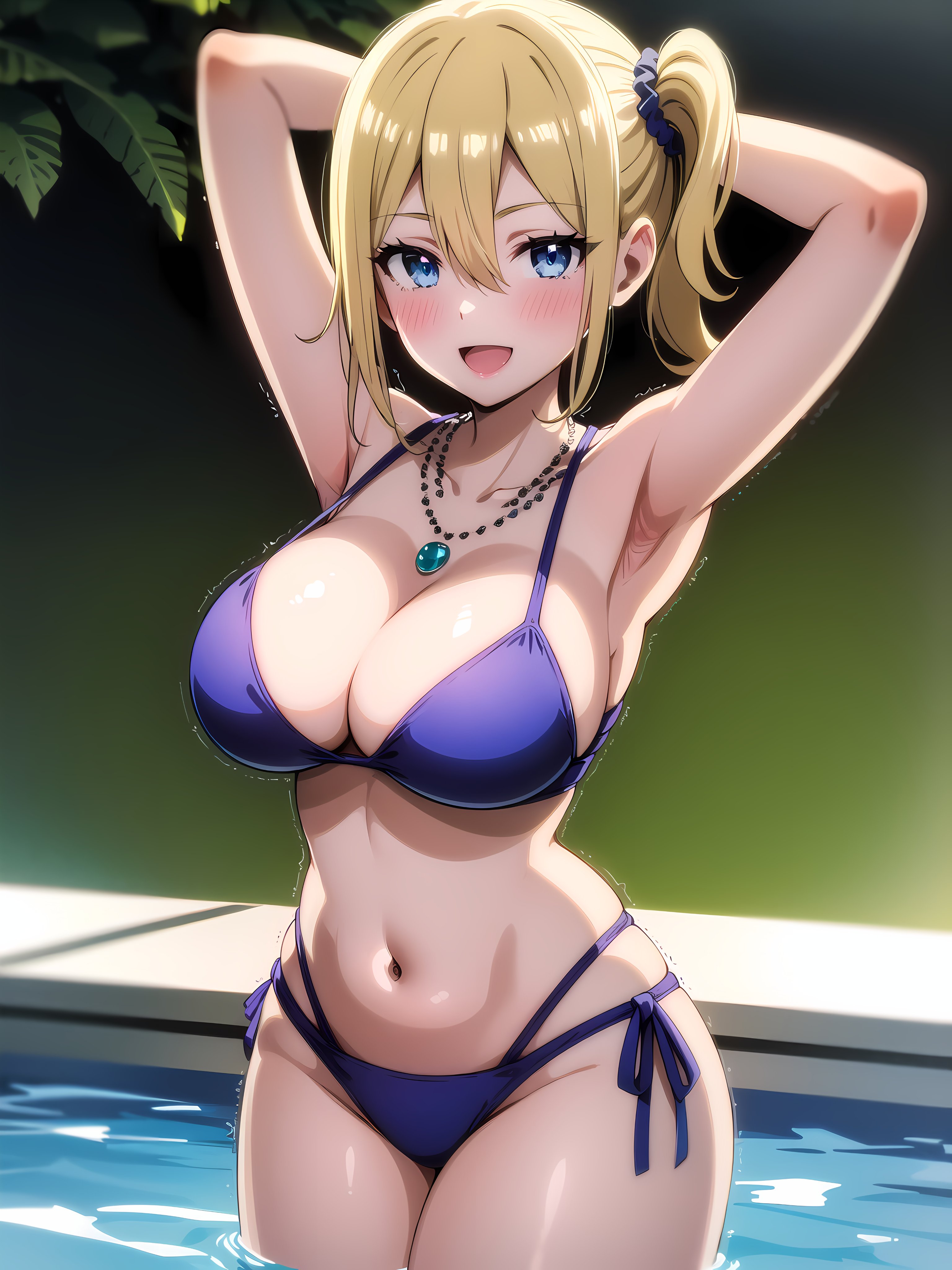 1girls, ai generated, armpits, arms behind head, big breasts, bikini, blonde hair, blue eyes, blush, breasts, busty, child bearing hips, cleavage, curvy, female, female only, hayasaka ai, hi res, kaguya-sama wa kokurasetai ~tensai-tachi no renai zunousen~, large breasts, legs, looking at viewer, navel, necklace, open mouth, pool, pose, posing, sensual, sexy armpits, side ponytail, smile, thighs, voluptuous, water