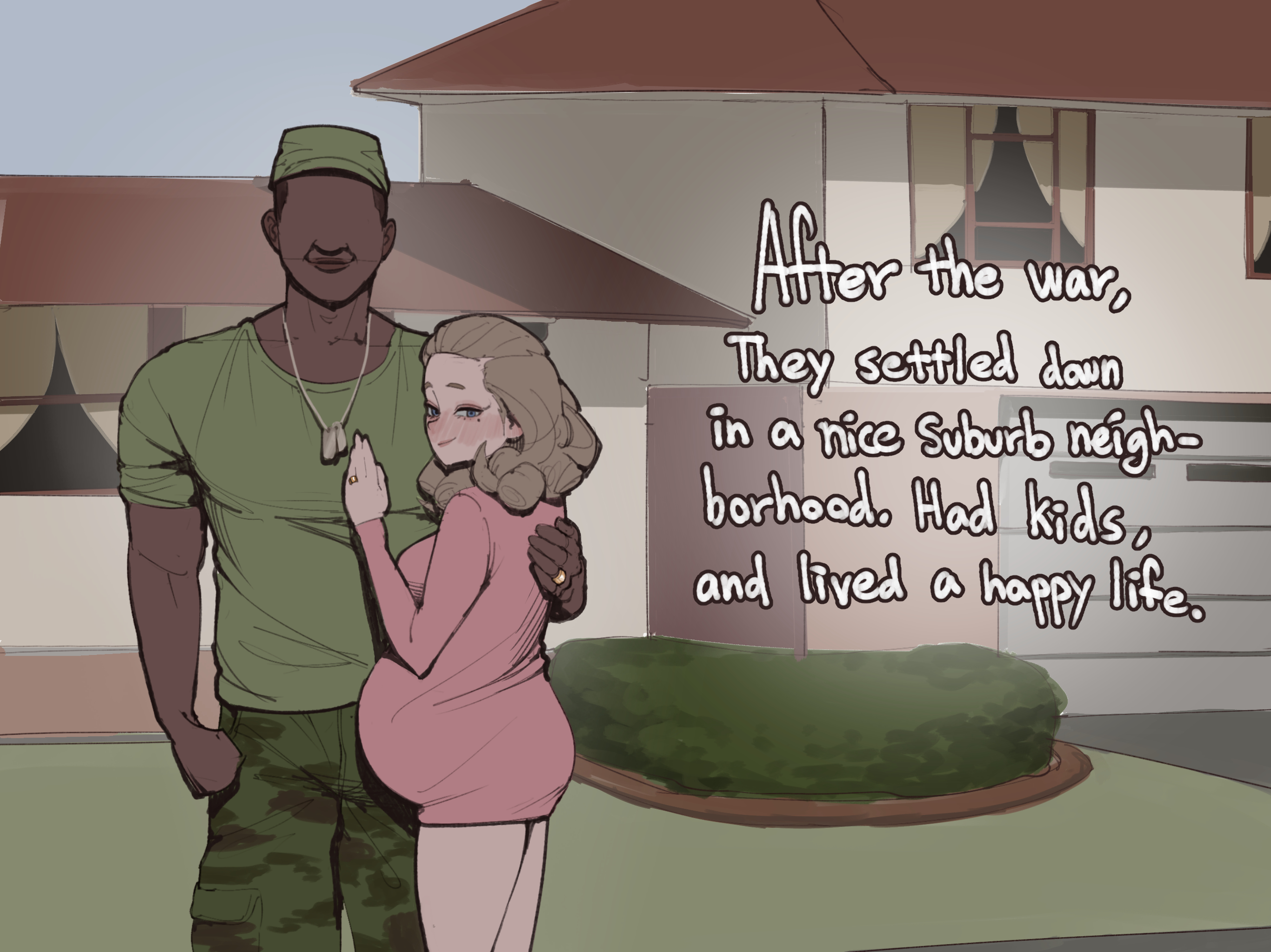 1boy, 1girls, blonde hair, couple, dark skin, dark-skinned male, english text, female, history, husband and wife, interracial, looking at viewer, male, married couple, original, original character, pregnant, text, wholesome, wjs07