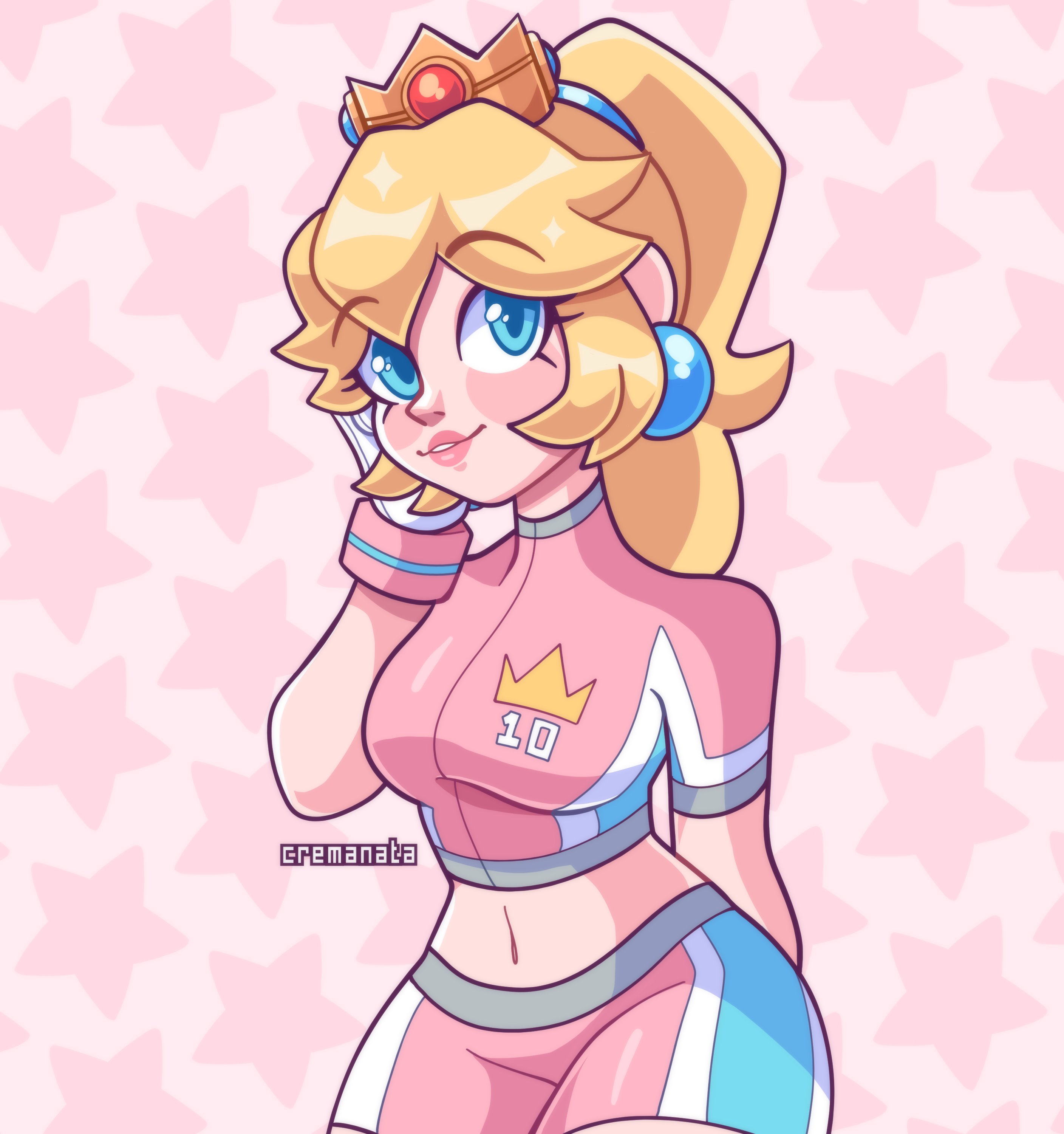 1girls, arm behind back, big breasts, blonde hair, blue eyes, breasts, busty, cremanata, female, female only, gloves, large breasts, legs, looking at viewer, mario (series), mario strikers, midriff, navel, nintendo, orange shorts, parted lips, pink lips, pink shorts, ponytail, princess, princess peach, shorts, smile, soccer uniform, solo, sportswear, thighs