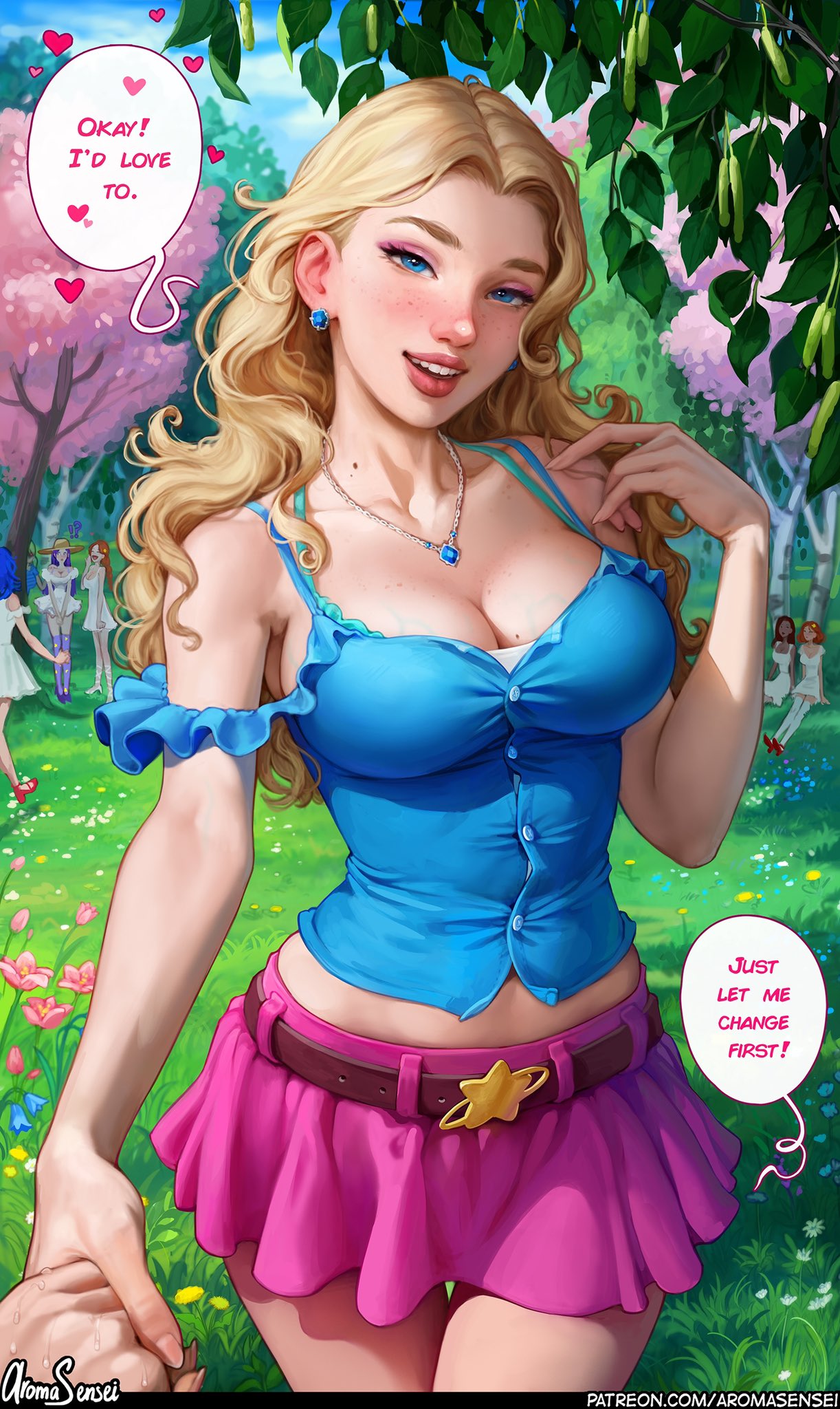 6+girls aroma_sensei ass bent_wrist big_ass big_breasts blonde_hair breasts busty cleavage curvaceous curvy curvy_figure cute cute_face digital_media_(artwork) english_text eyebrows eyelashes eyes facing_viewer female female_focus fit fit_female hair haley_(stardew_valley) hips holding_hands hourglass_figure human large_breasts legs light-skinned_female light_skin lips looking_at_viewer male_hand mature mature_female outdoors pov_eye_contact skirt slim slim_waist solo_focus speech_bubble standing stardew_valley thick thick_legs thick_thighs thighs top_heavy upper_body voluptuous waist wholesome wide_hips